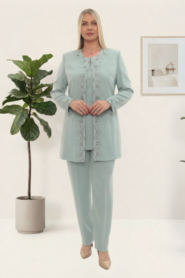 Ceketi Taş İşlemeli Astarlı Şık Mint Üçlü Pantolonlu Takım