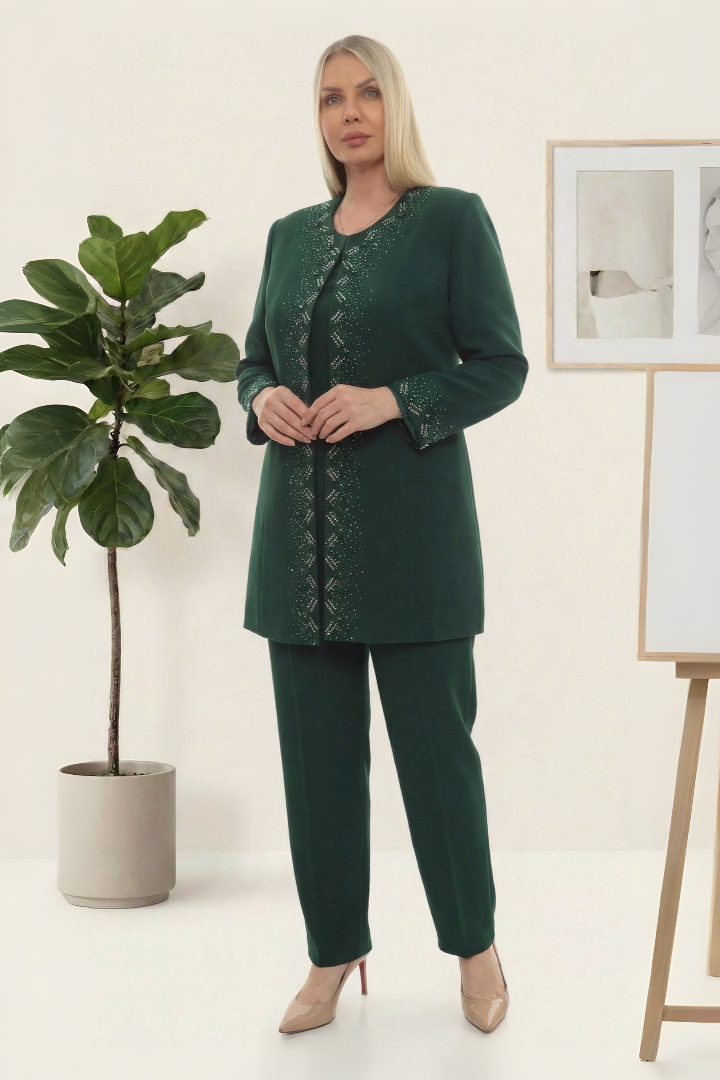 Ceketi Taş İşlemeli Astarlı Şık Yeşil Üçlü Pantolonlu Takım