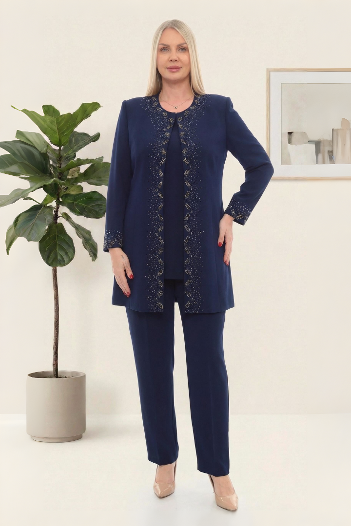 Ceketi Taş İşlemeli Astarlı Şık Lacivert Üçlü Pantolonlu Takım