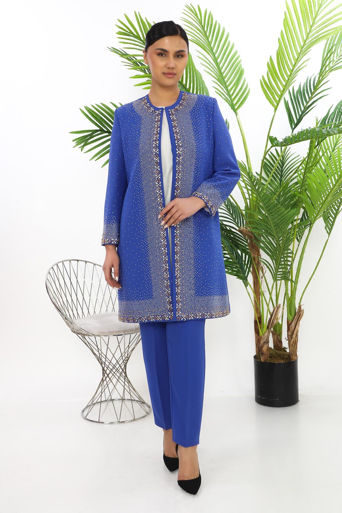 Blue Three-Piece Suit with Elegant Stone Details on Jacket and Sleeves