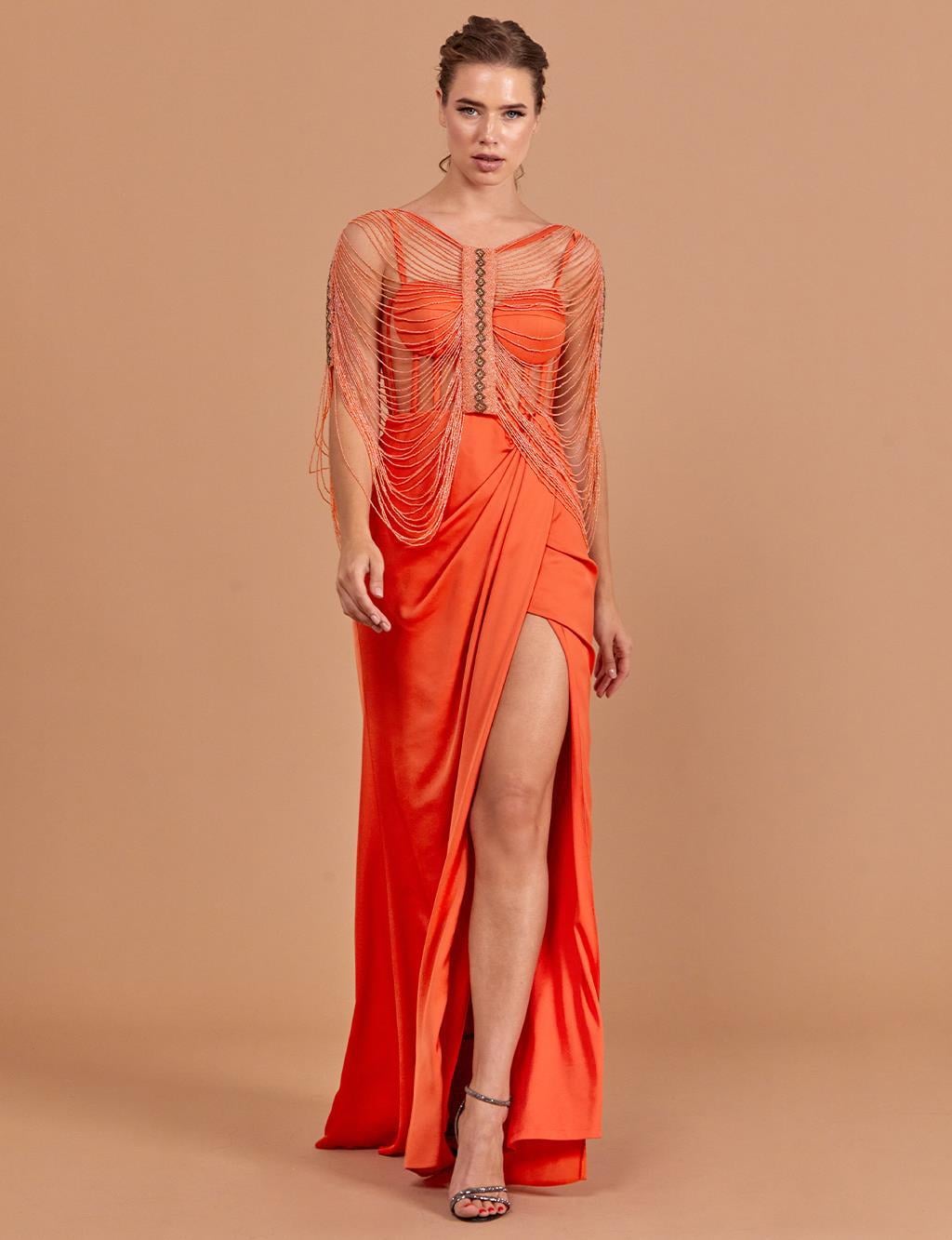 Beaded Bolero-Style Evening Gown in Orange