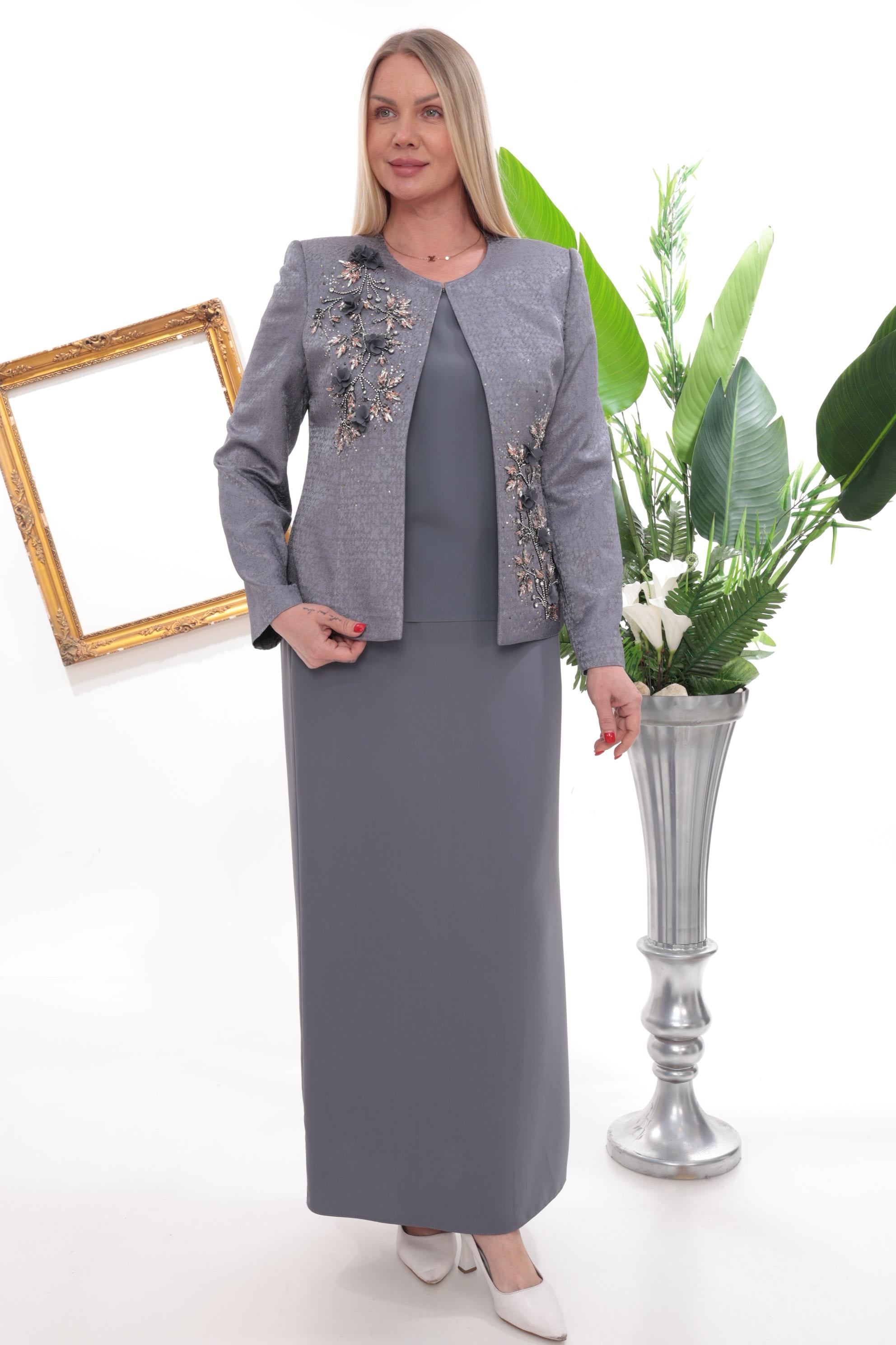 Ceketi Çiçek Motif Detaylı Antrasit Uzun Etekli Üçlü Takım