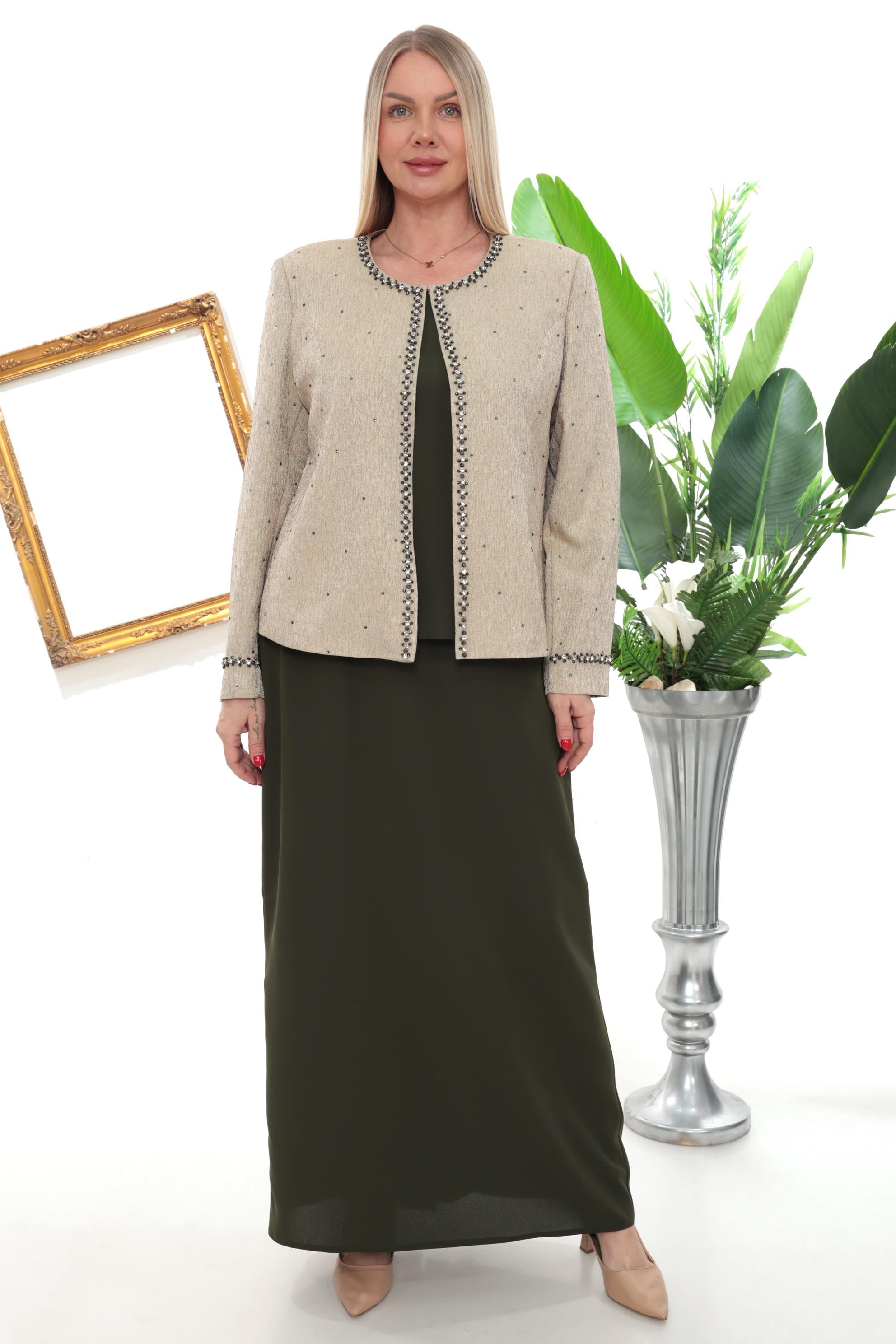 Ceketi Hafif Taş İşlemeli Büyük Beden Haki Uzun Etekli Üçlü Takım