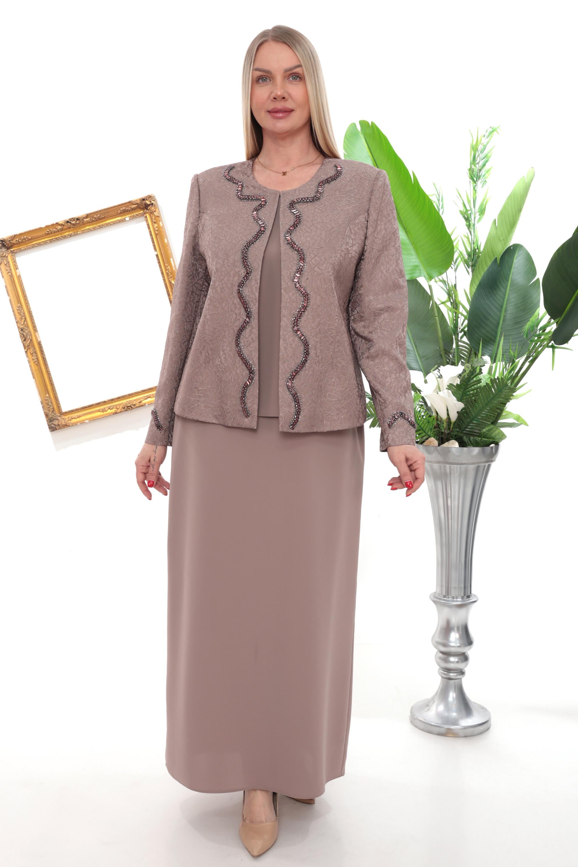 Ceketi Şerit Taş Detaylı Kahverengi Uzun Etekli Üçlü Takım