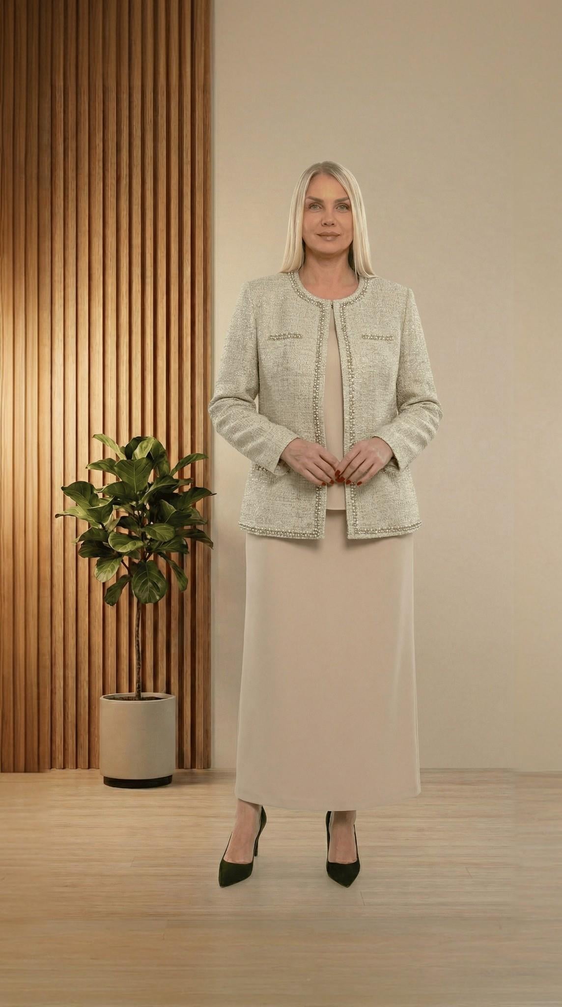 Ceketi Şık Jakar Dokumalı Taşlı Bej Uzun Etekli Üçlü Takım