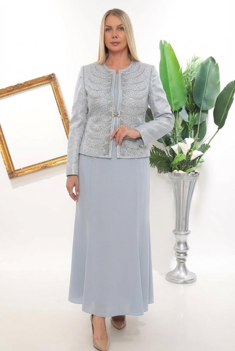Ceketi Şık Taş İşlemeli Astarlı Kapalı Yırtmaç Su Mavisi Uzun Etekli Üçlü Takım
