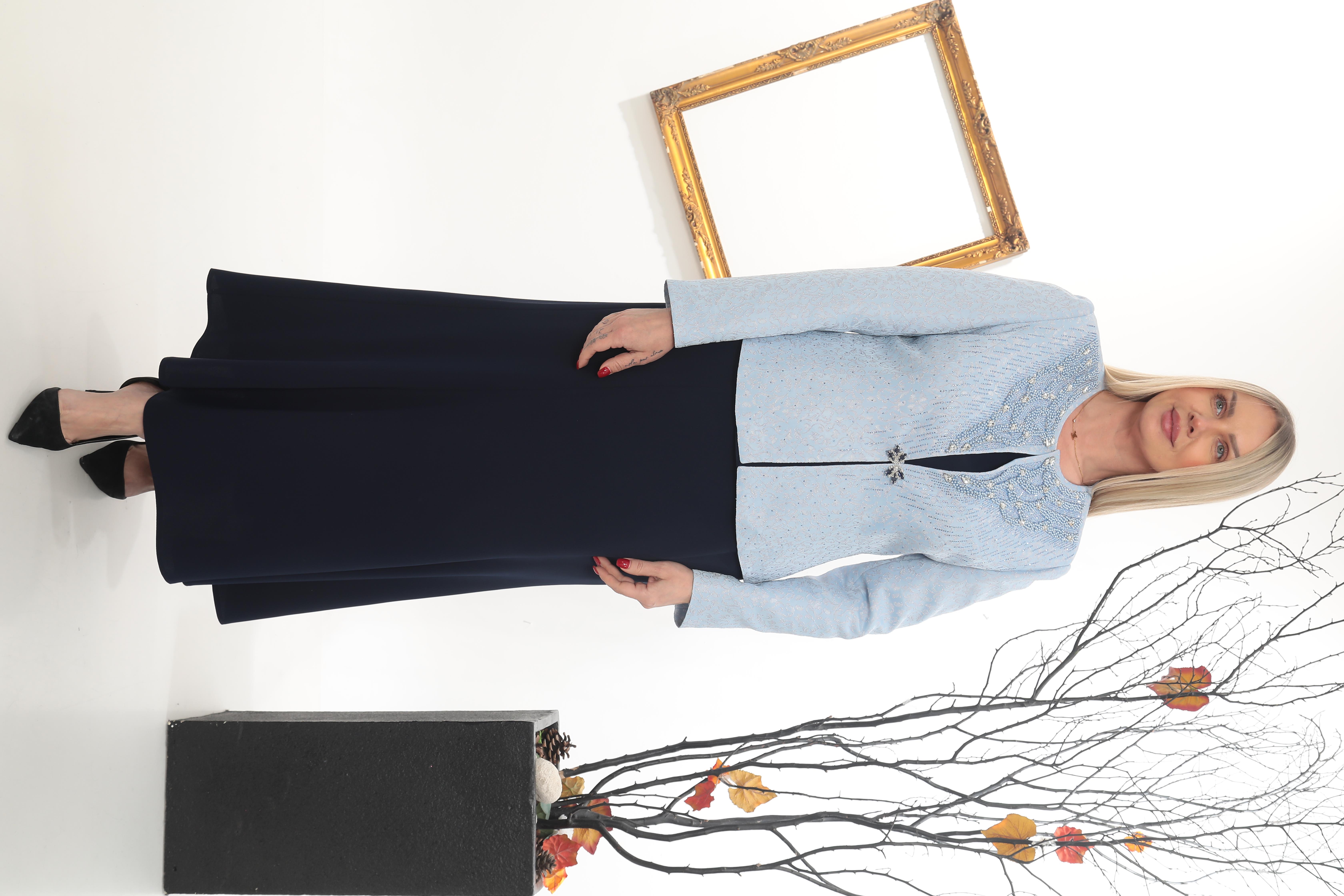 Ceketi Taş İşlemeli Astarlı Lacivert Uzun Etekli Üçlü Takım