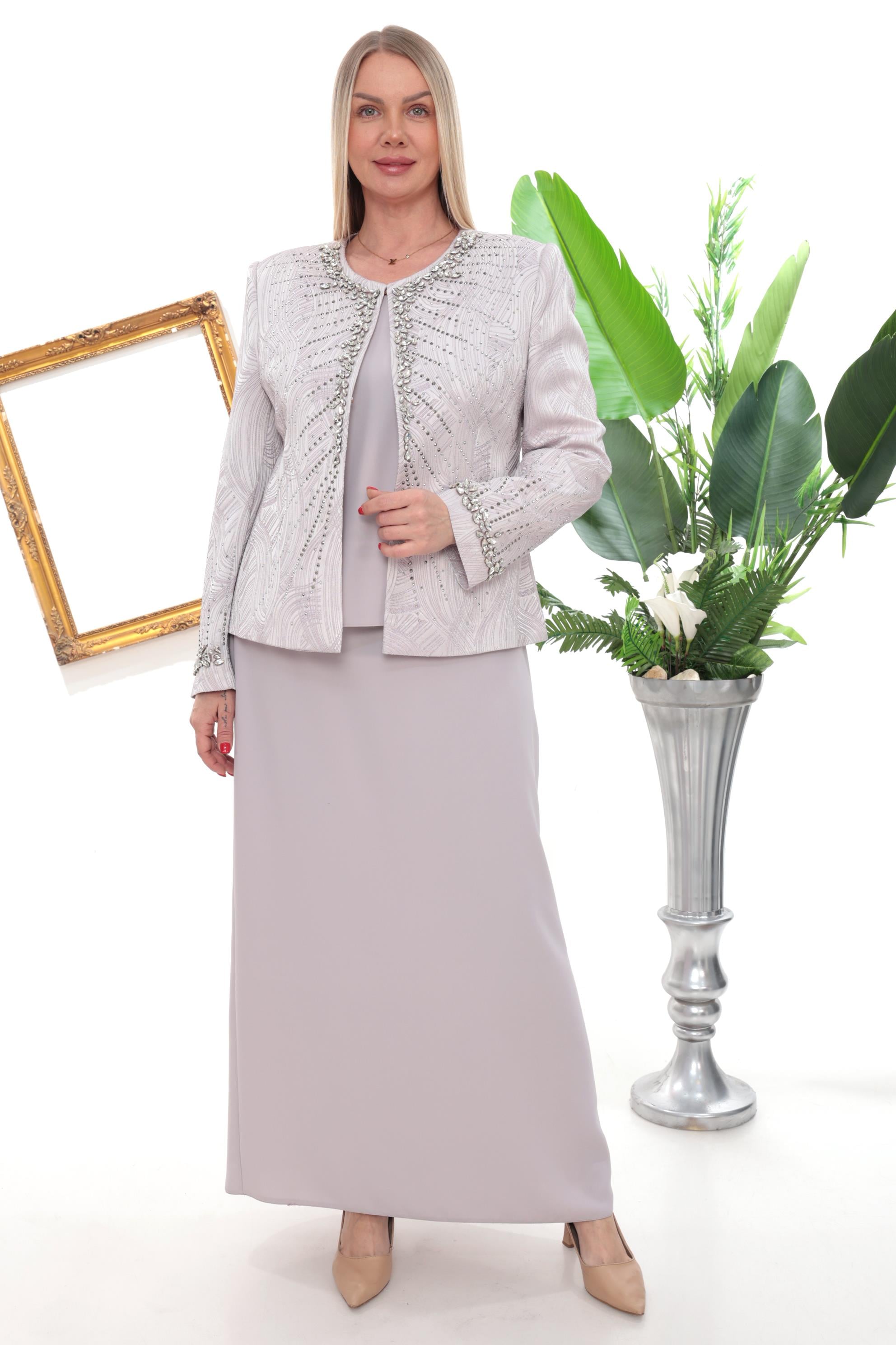 Ceketi Zarif Taş Detaylı Astarlı Gümüş Uzun Etekli Üçlü Takım