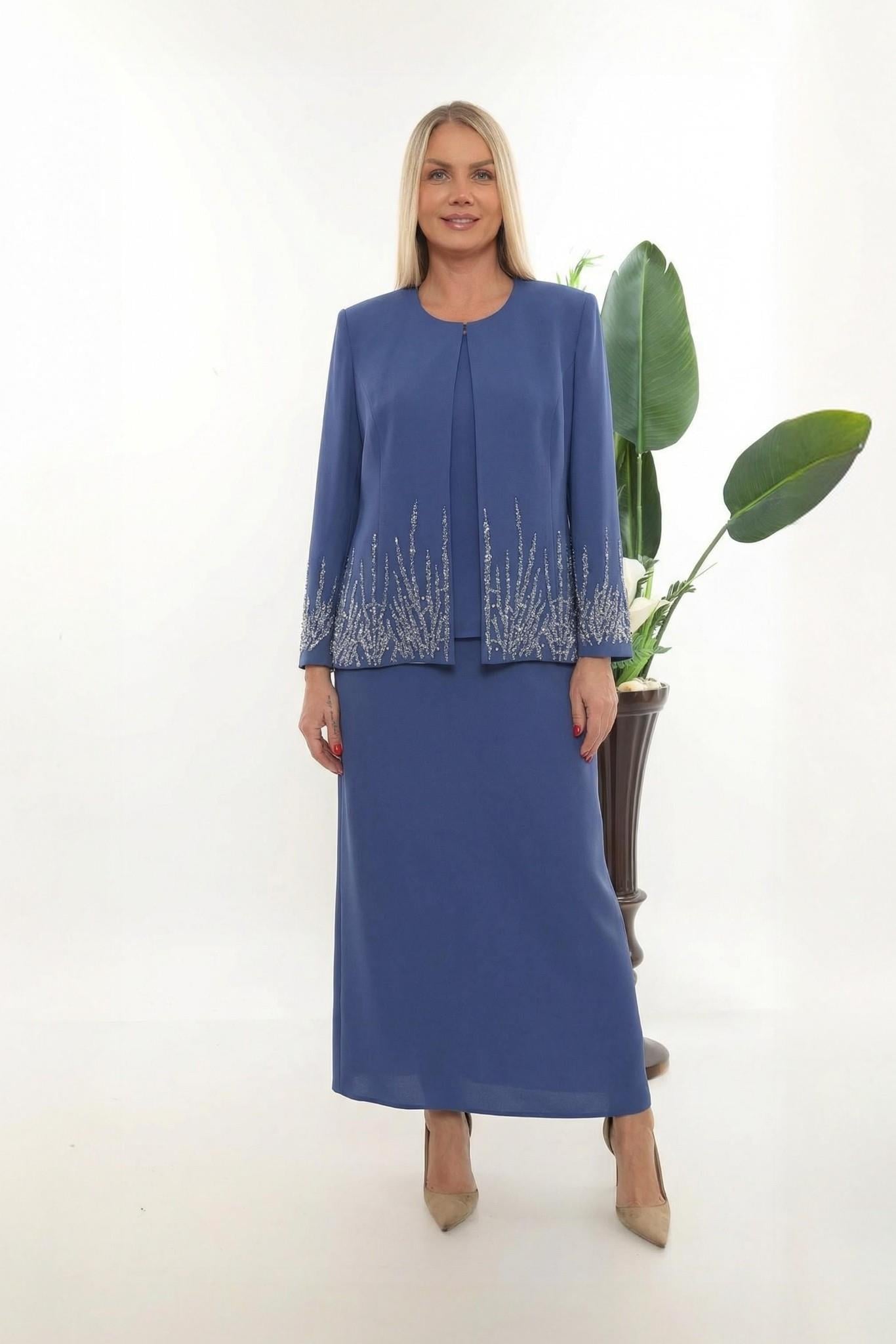 Ceketi Zarif Taş Süslemeli Yırtmaçlı Mavi Uzun Etekli Üçlü Takım