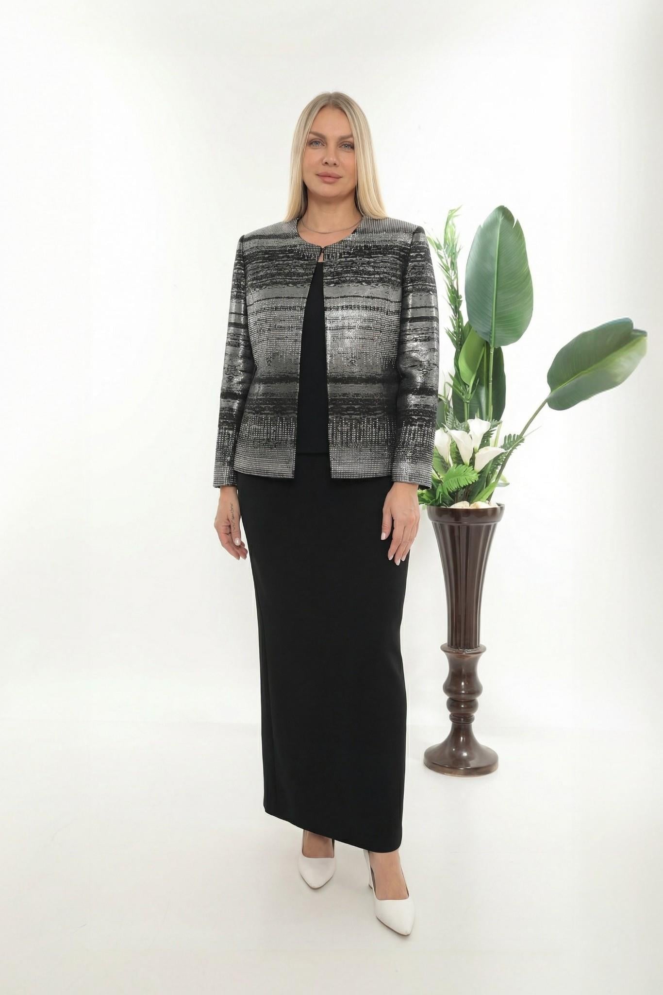 Ceketi Zarif Taş Detaylı Gümüş Uzun Etekli Üçlü Takım