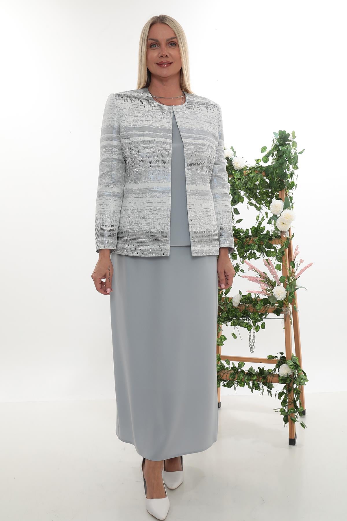 Gray Beaded Stone Embroidered Long Skirted Three-Piece Set
