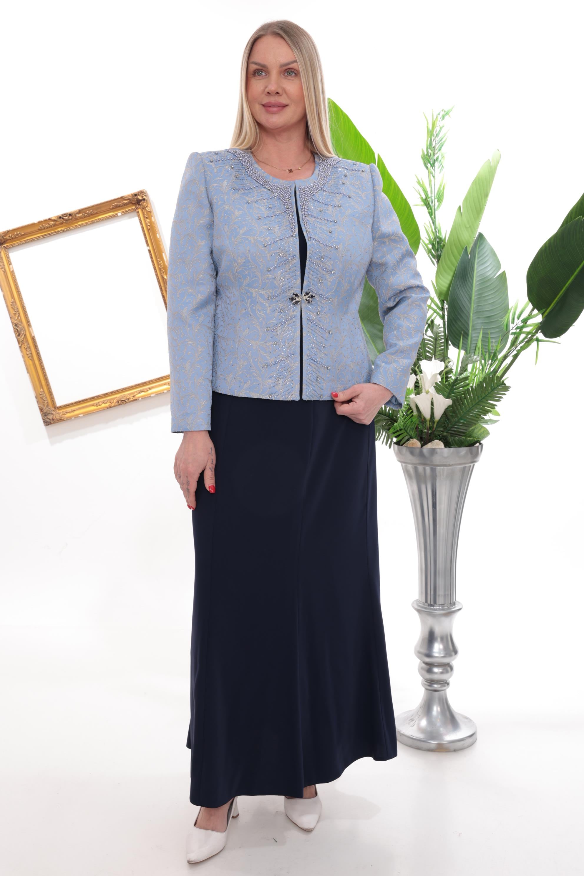 İnci ve Kristal Taş İşlemeli Lacivert Uzun Etekli Üçlü Takım