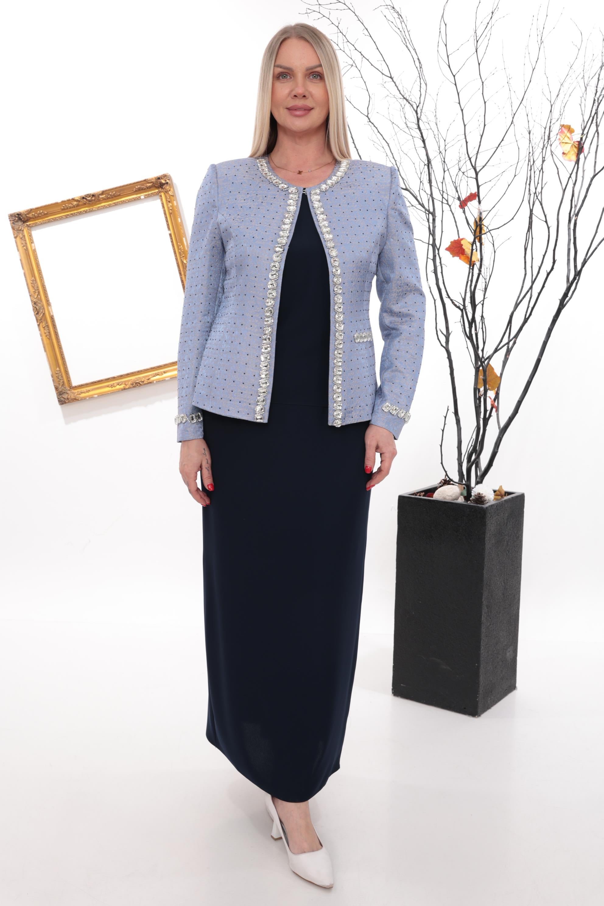 Önü Şık Taş İşlemeli Lacivert Uzun Etekli Üçlü Takım