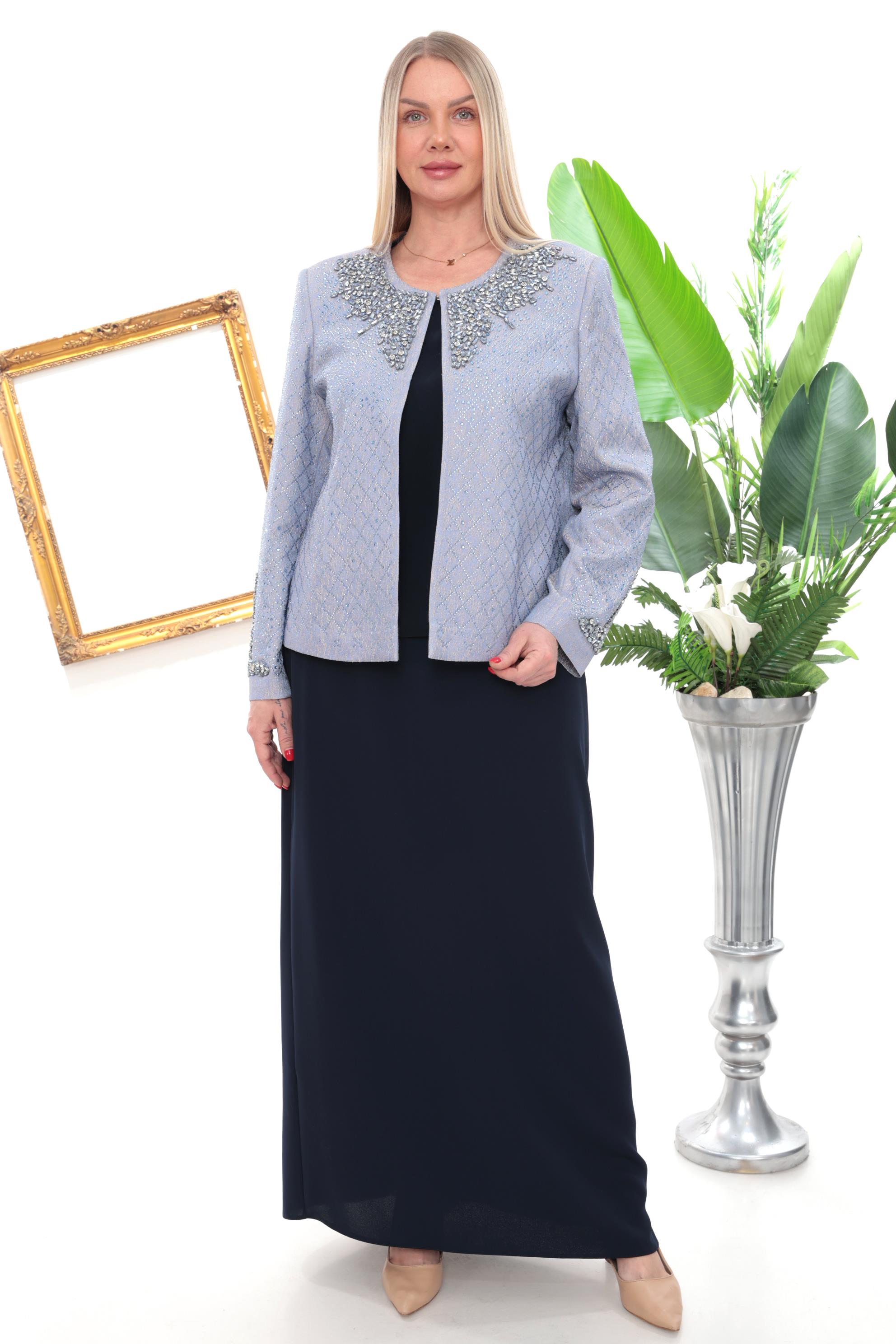 Yaka ve Kolu Şık Kristal Taş İşlemeli Lacivert Uzun Etekli Üçlü Takım