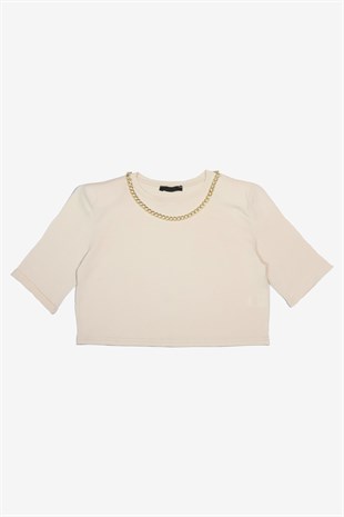 MORE-122 Kolye Detaylı Bej Crop T-Shirt