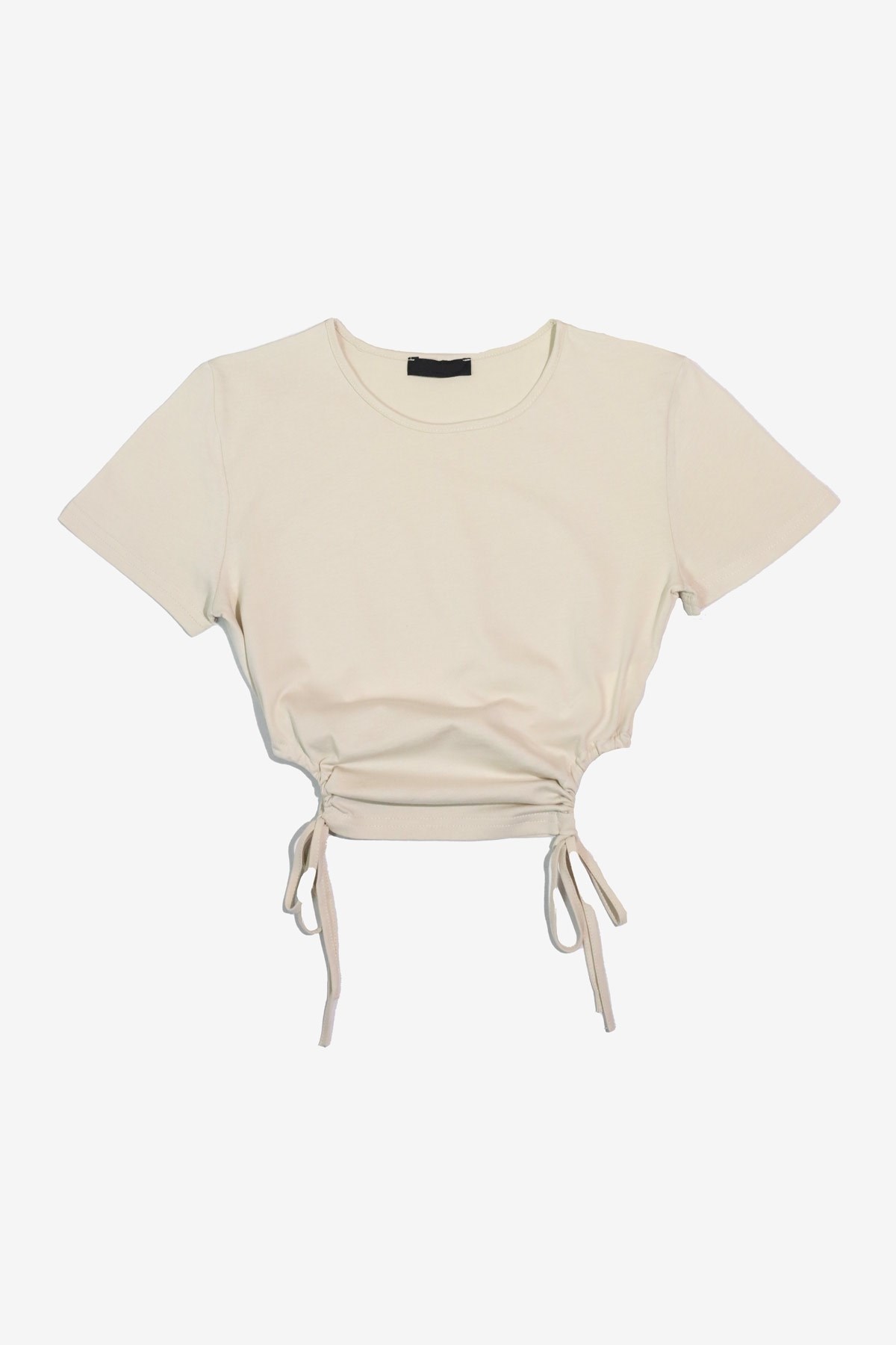 MORE-133 Büzgülü Bej Crop T-Shirt