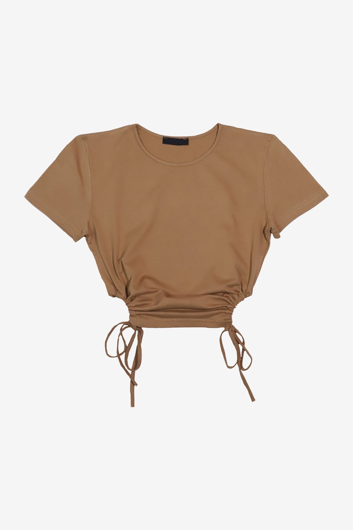 MORE-133 Büzgülü Kahverengi Crop T-Shirt