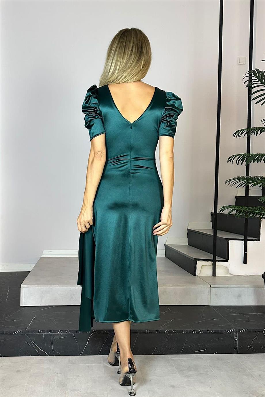 G0677 Balloon Sleeve Satin Dress