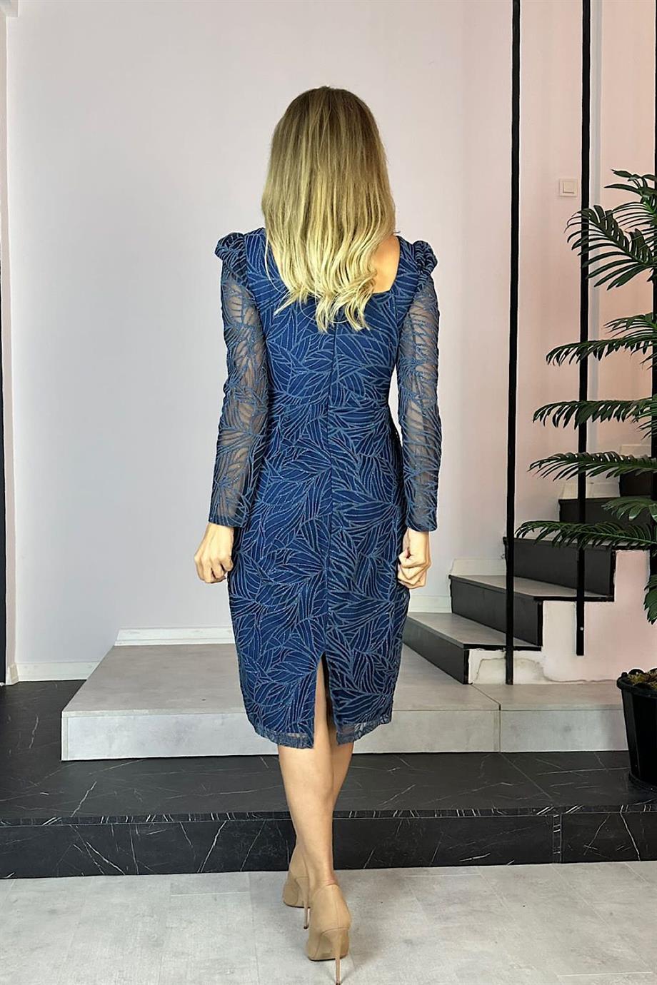 G0747 Square Neck Glitter Midi Length Evening Dress