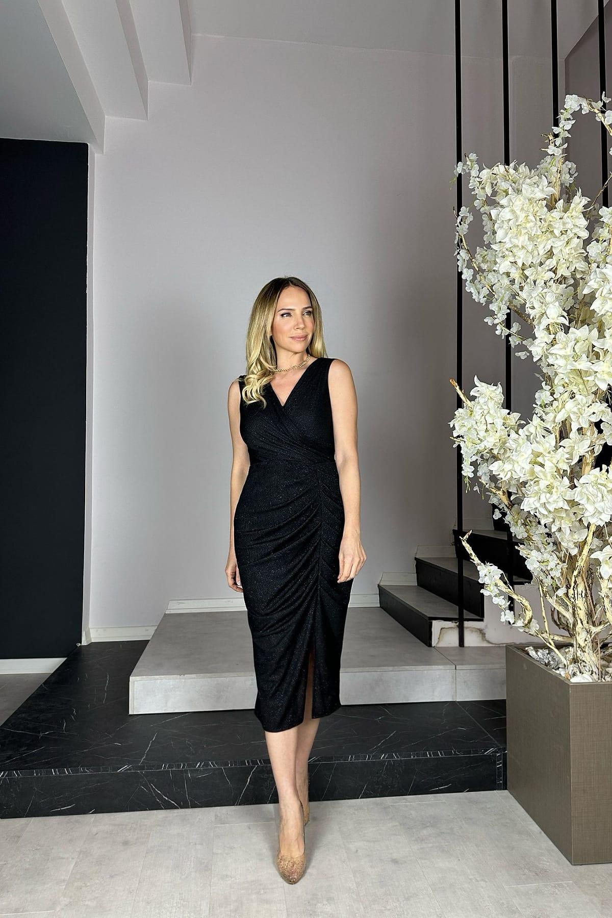 G0909 Drape Detaylı Simli Abiye Elbise Siyah