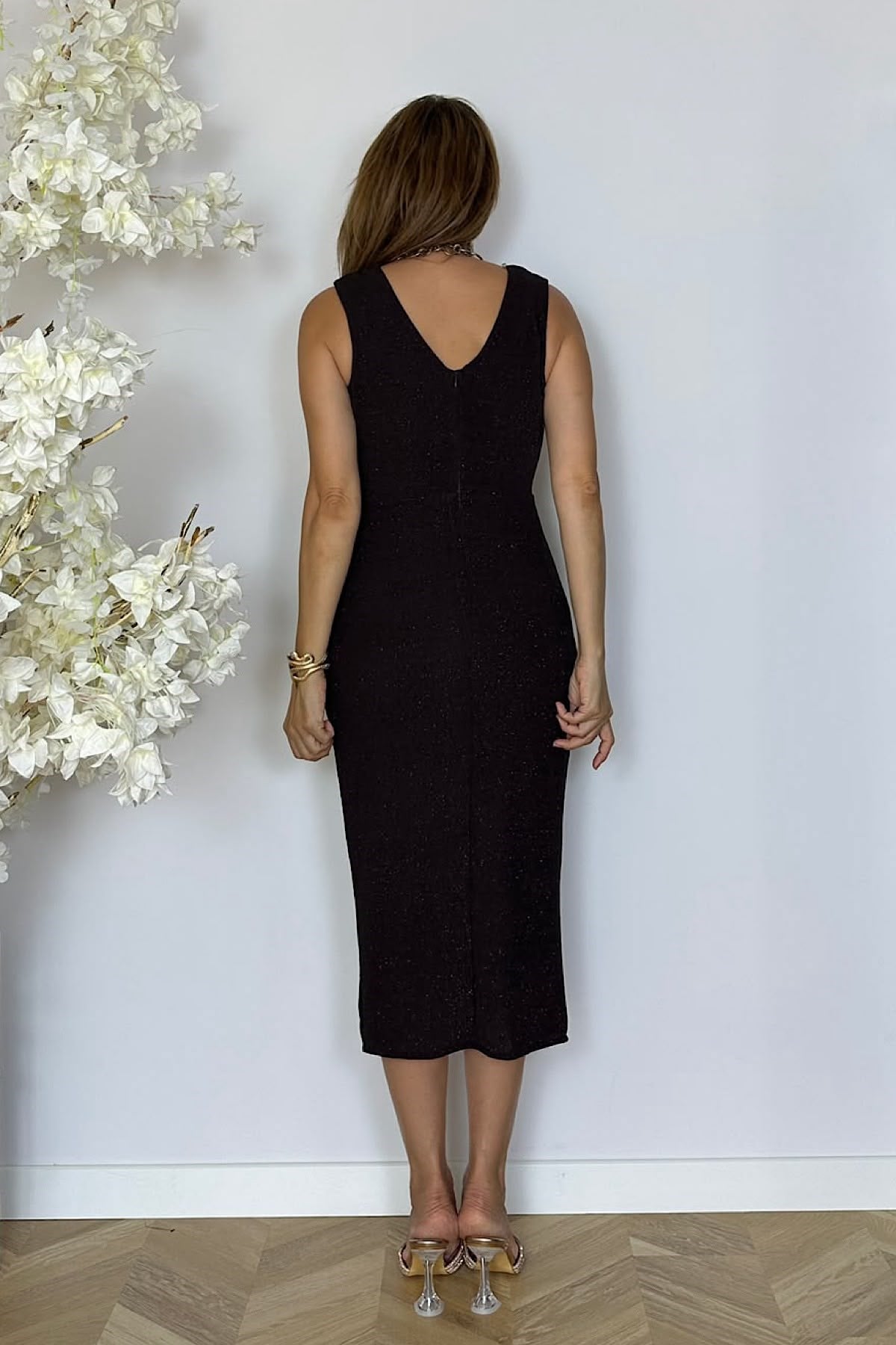 G0909 Drape Detaylı Simli Abiye Elbise Kahverengi