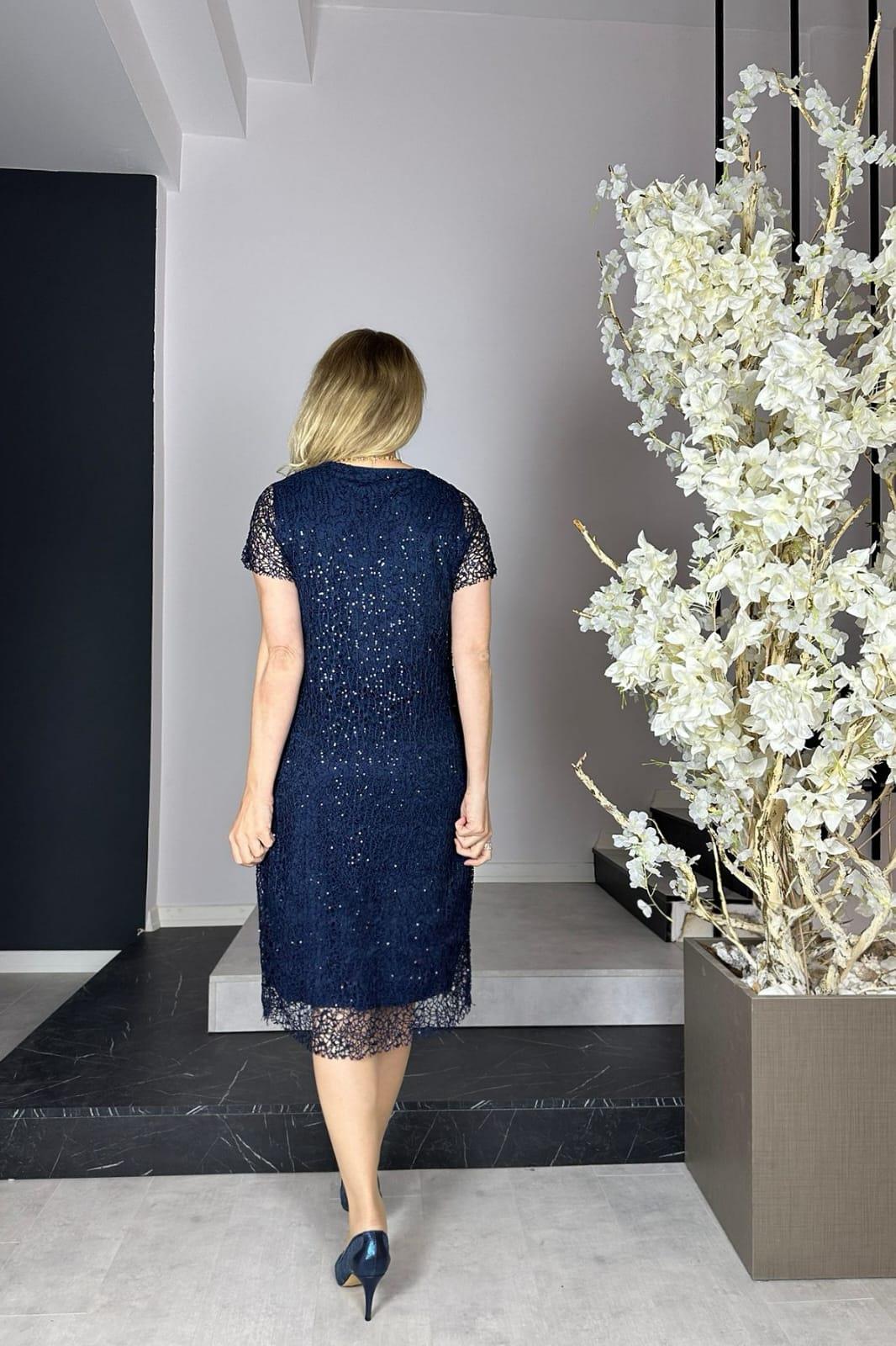 G0935 Sequined Lace Dress Navy Blue