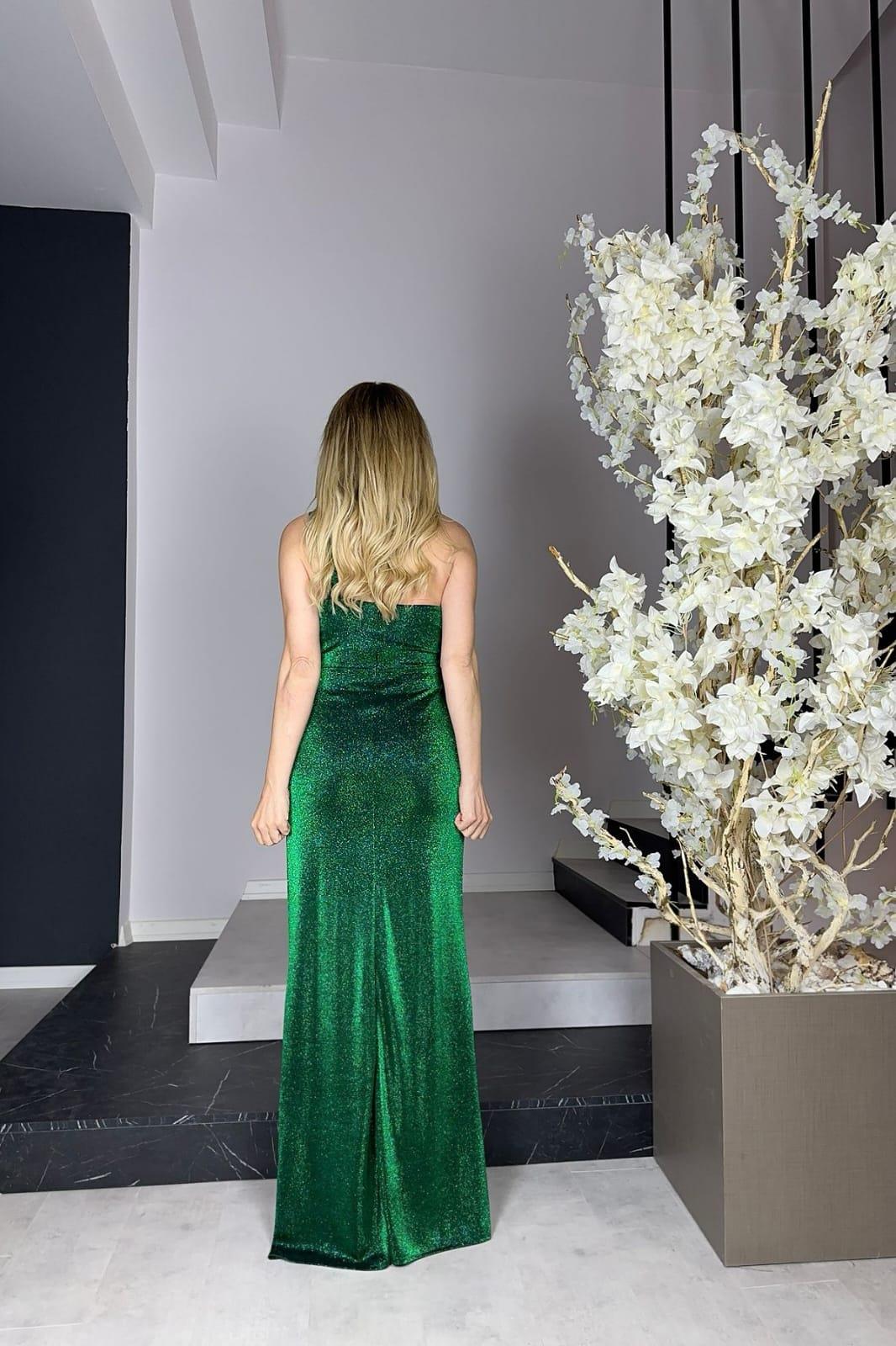 G0967 One Shoulder Glittered Maxi Evening Dress Emerald