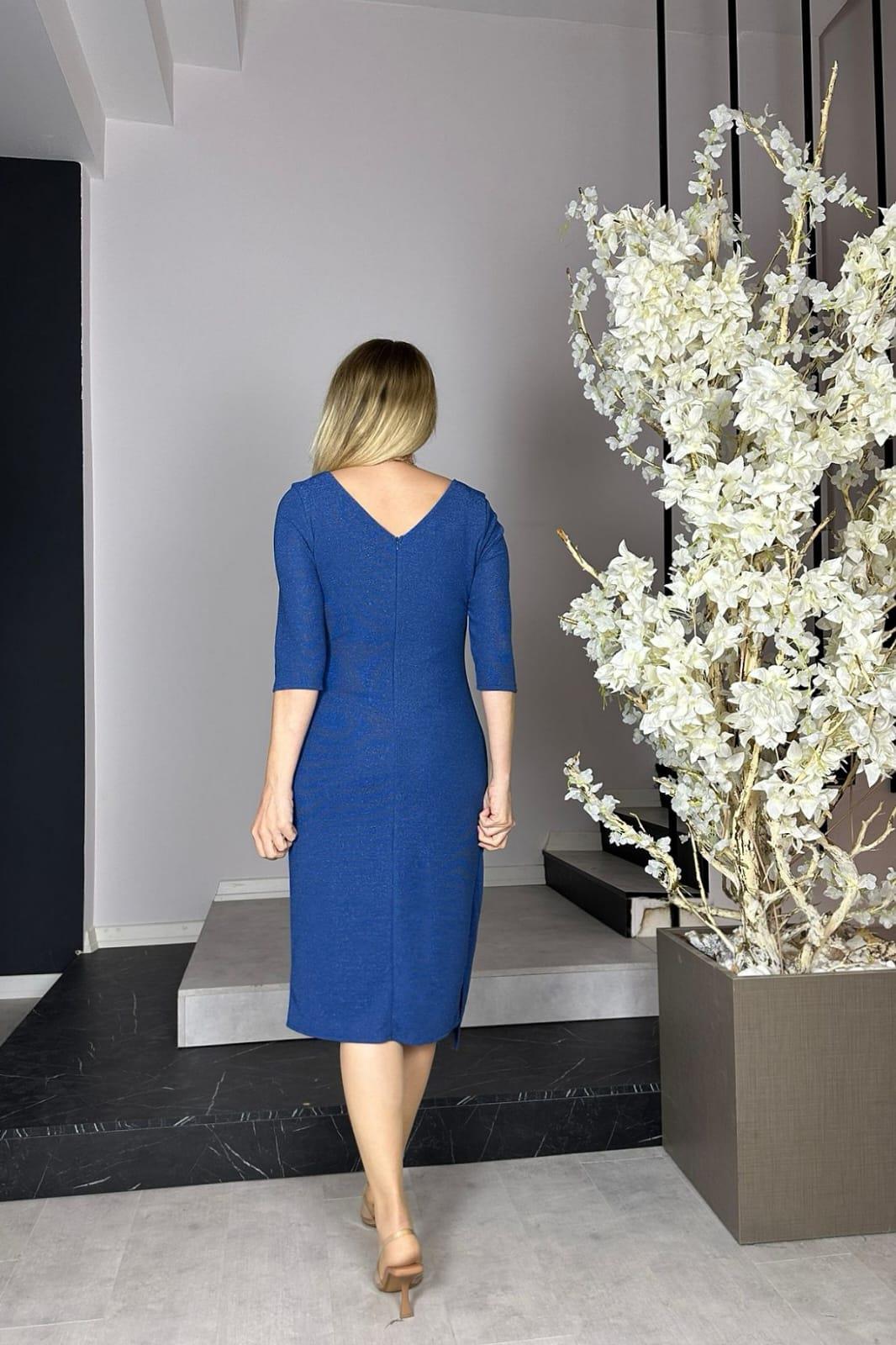 G0972 TaStone Detailed Draped Evening Dress Indigo