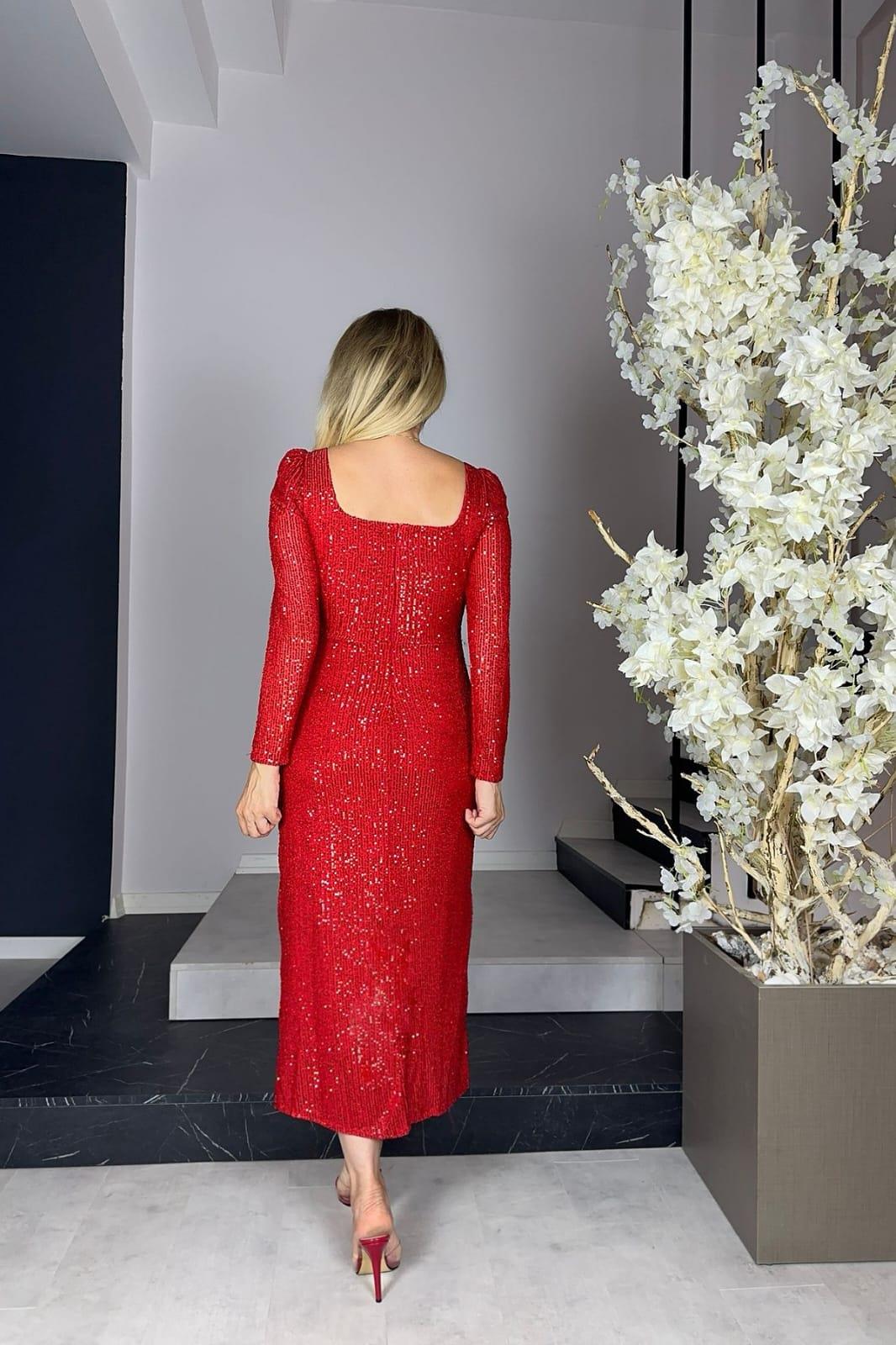 G1040 Square Neck Sequin Evening Dress Red