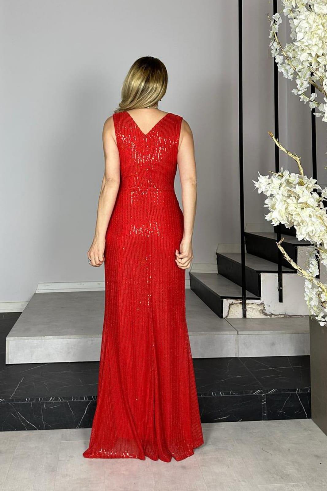 G1360 Drape Detaylı Payet Abiye Elbise Kırmızı
