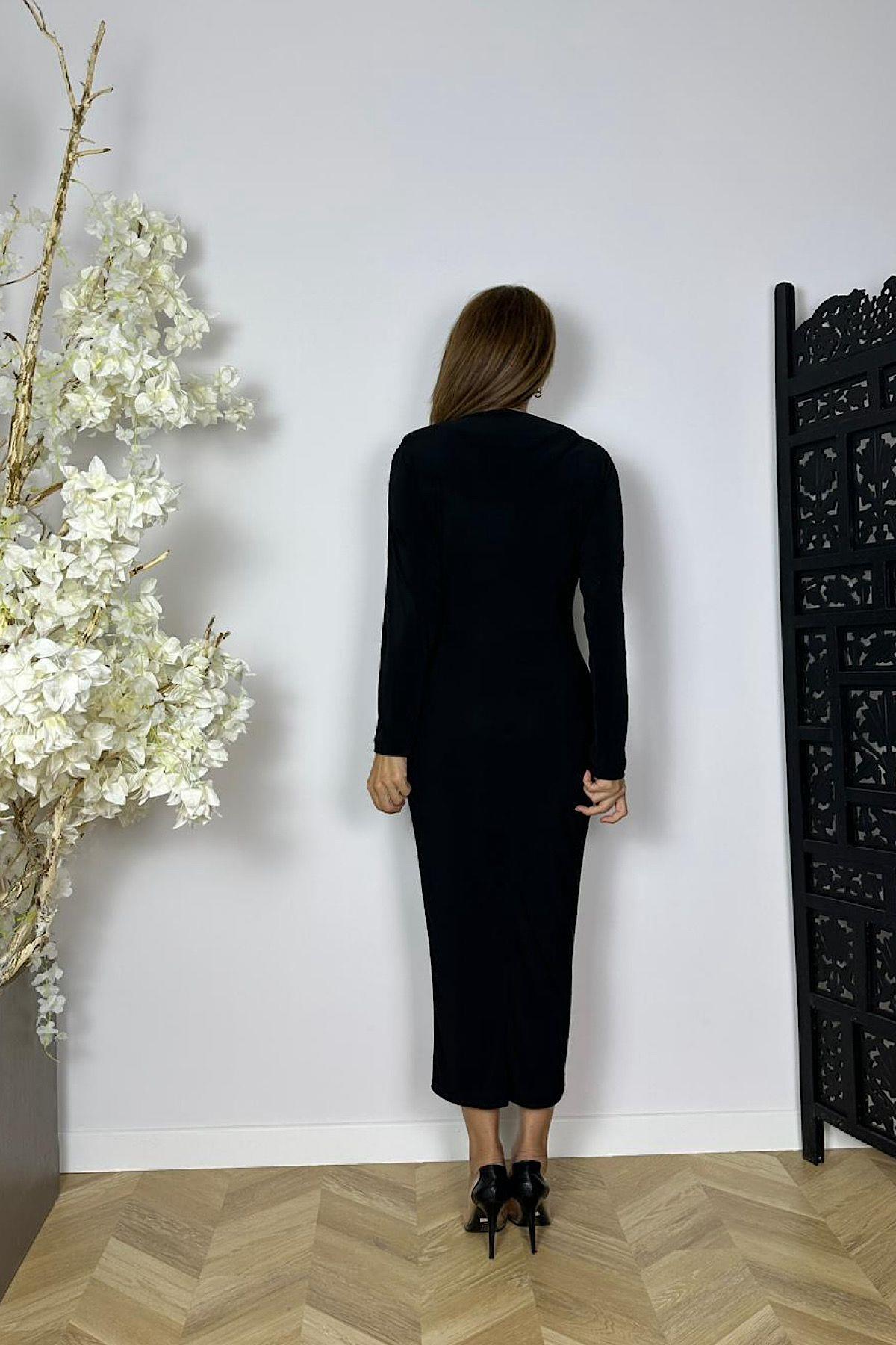 G1563 Kruvaze Yaka Drape Detaylı Elbise Siyah