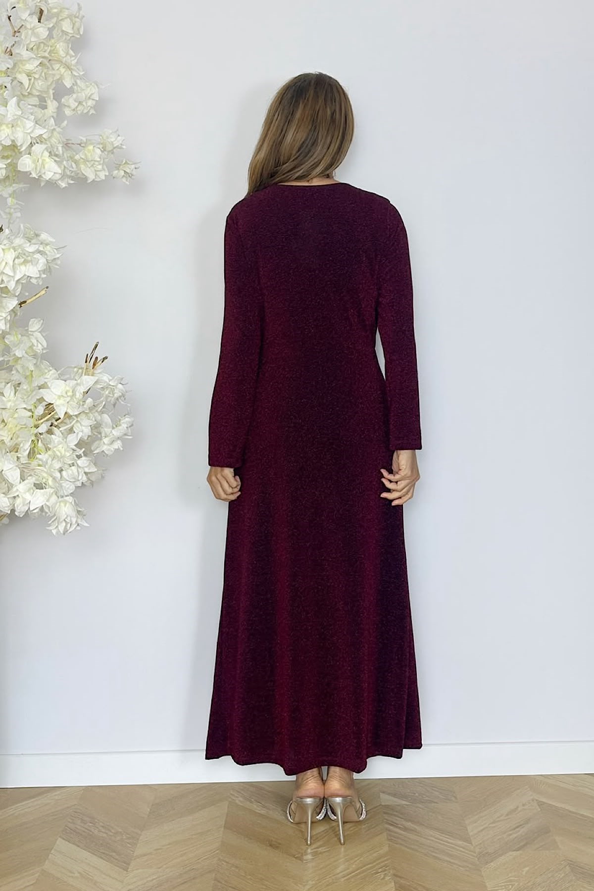 G1597 Taş Detaylı Simli Abiye Elbise Bordo