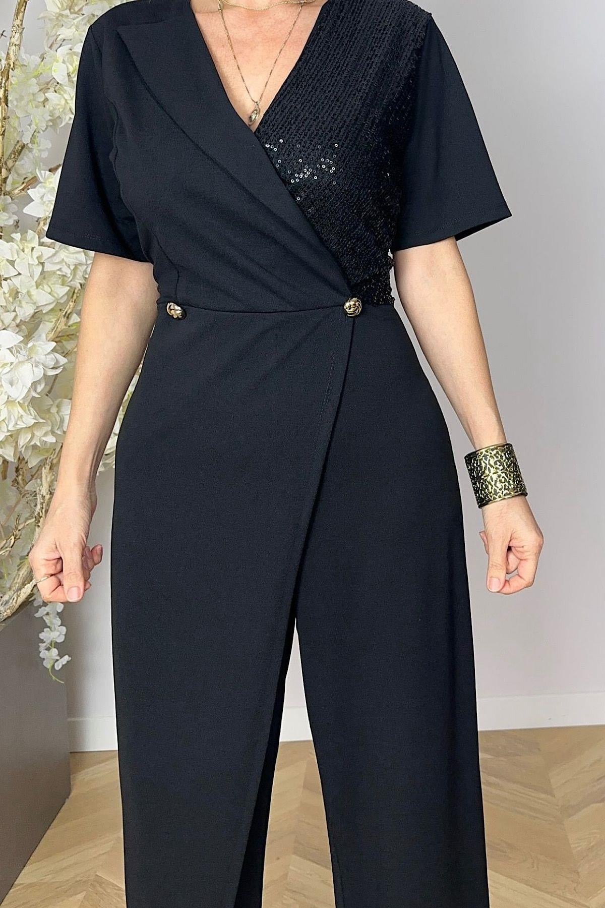 G1706 Payet Detaylı Tulum Siyah