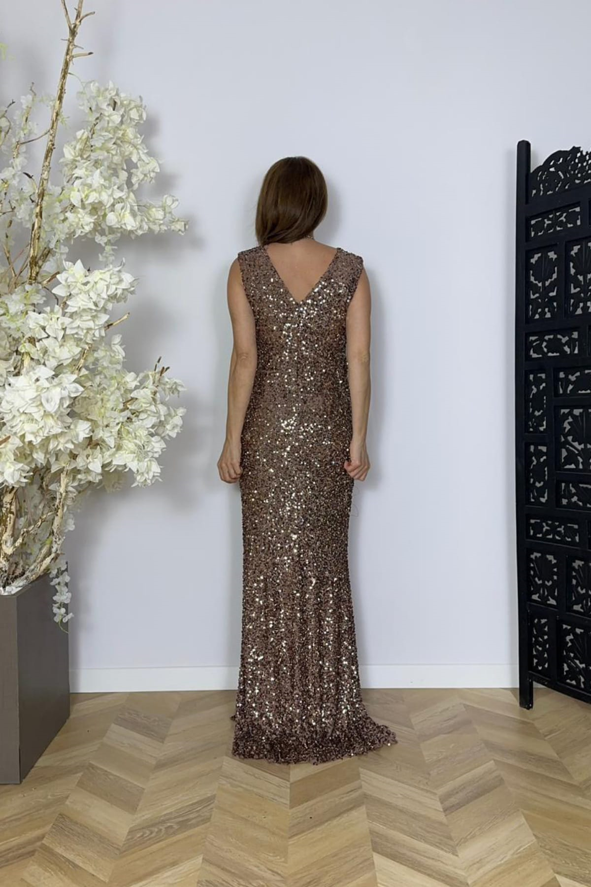 G1711 Drape Detaylı Payet Abiye Elbise Bronz