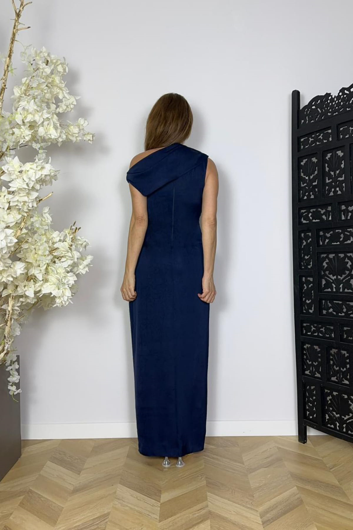 G1737 Tek Omuz Drape Detaylı Abiye Elbise Lacivert
