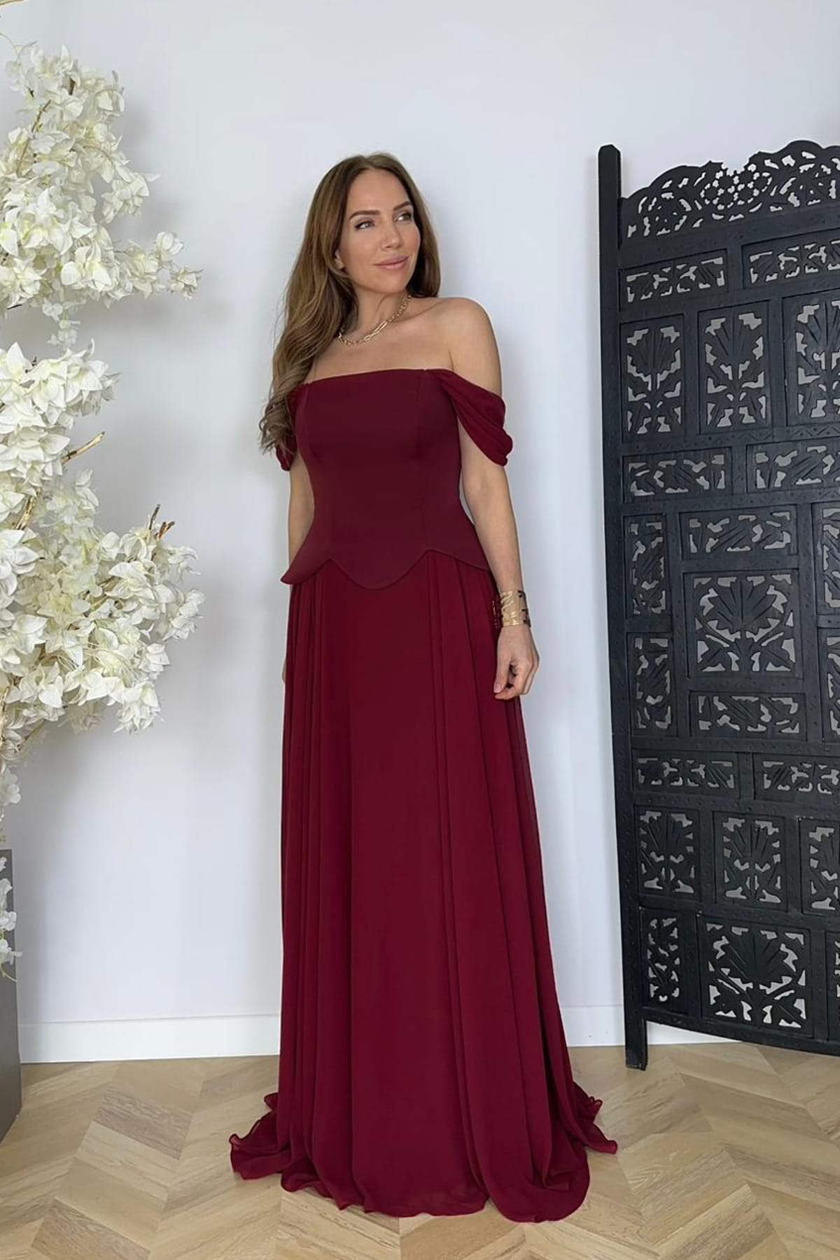 G1746 Tasarım Maksi Şifon Abiye Elbise Bordo