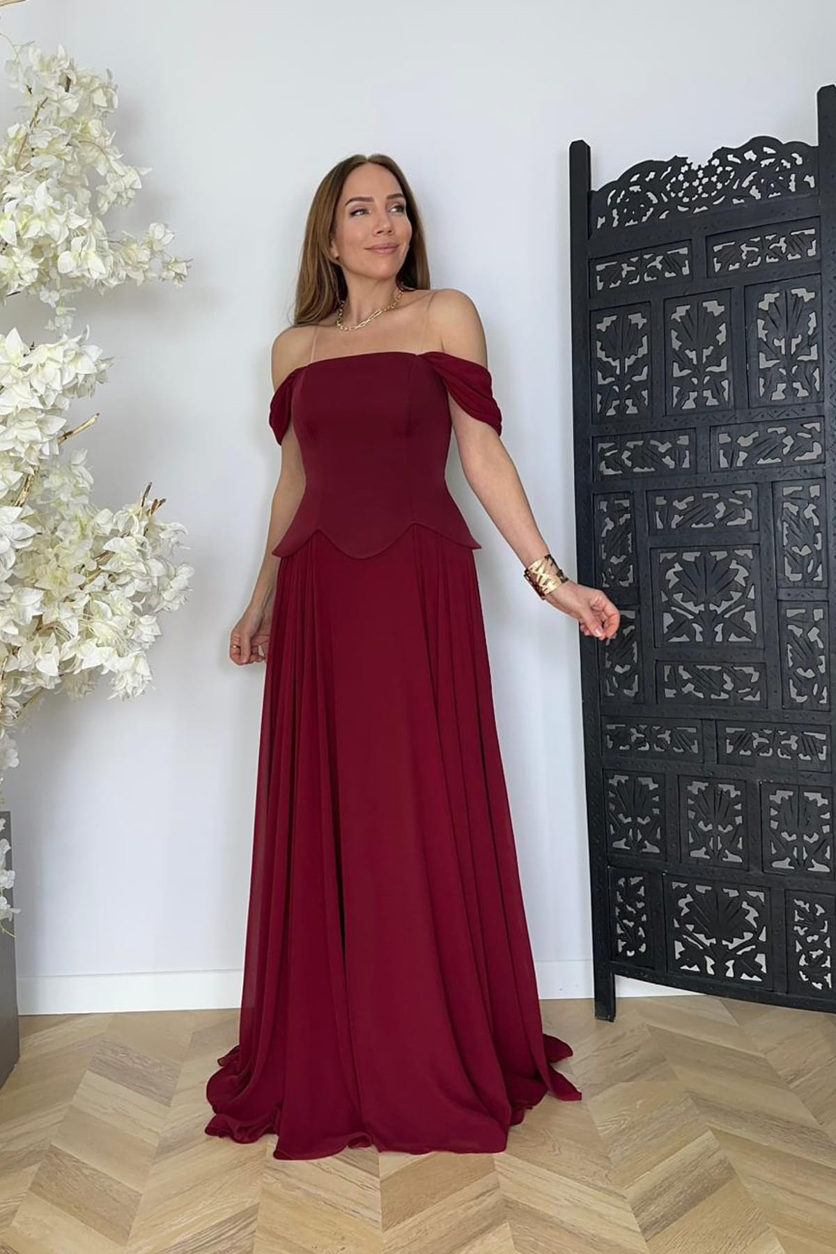 G1746 Tasarım Maksi Şifon Abiye Elbise Bordo