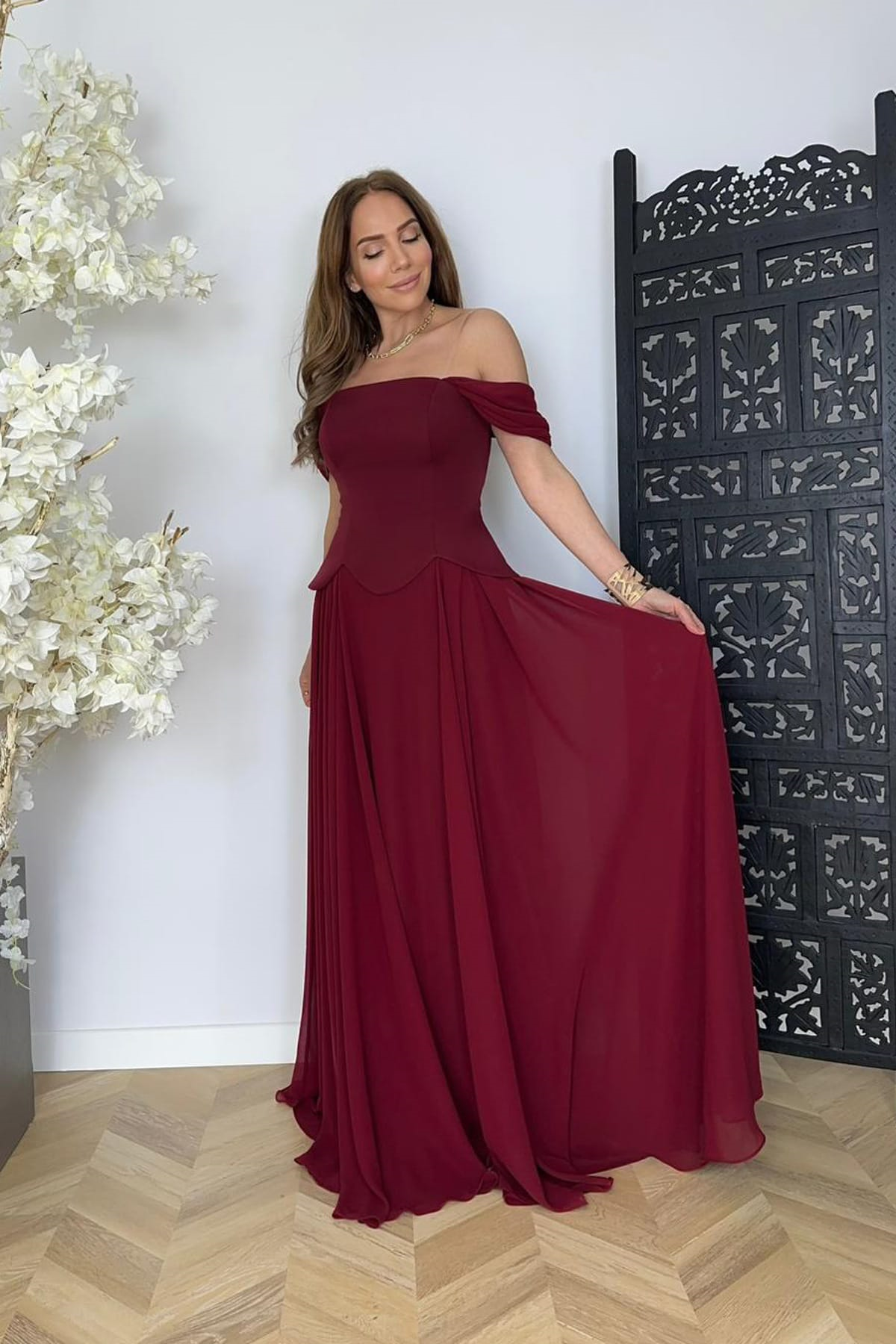 G1746 Tasarım Maksi Şifon Abiye Elbise Bordo