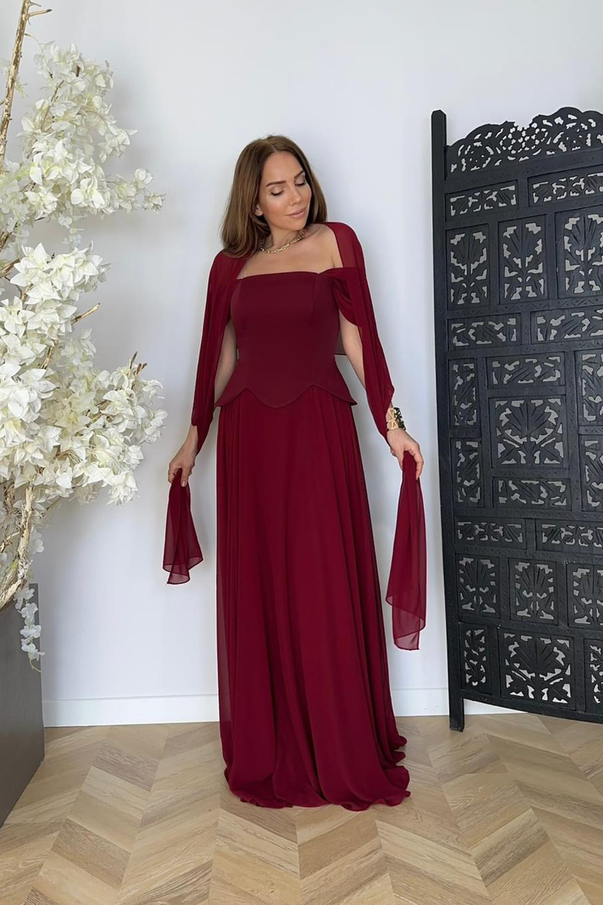 G1746 Tasarım Maksi Şifon Abiye Elbise Bordo