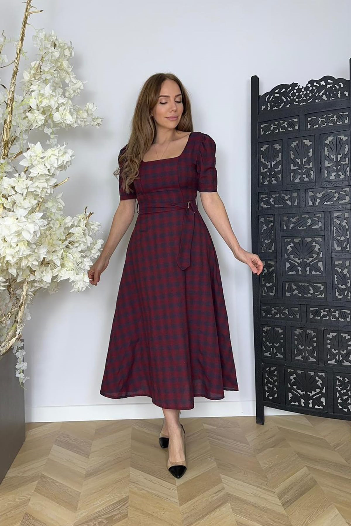 G1750 Kare Yaka Kloş Elbise Bordo