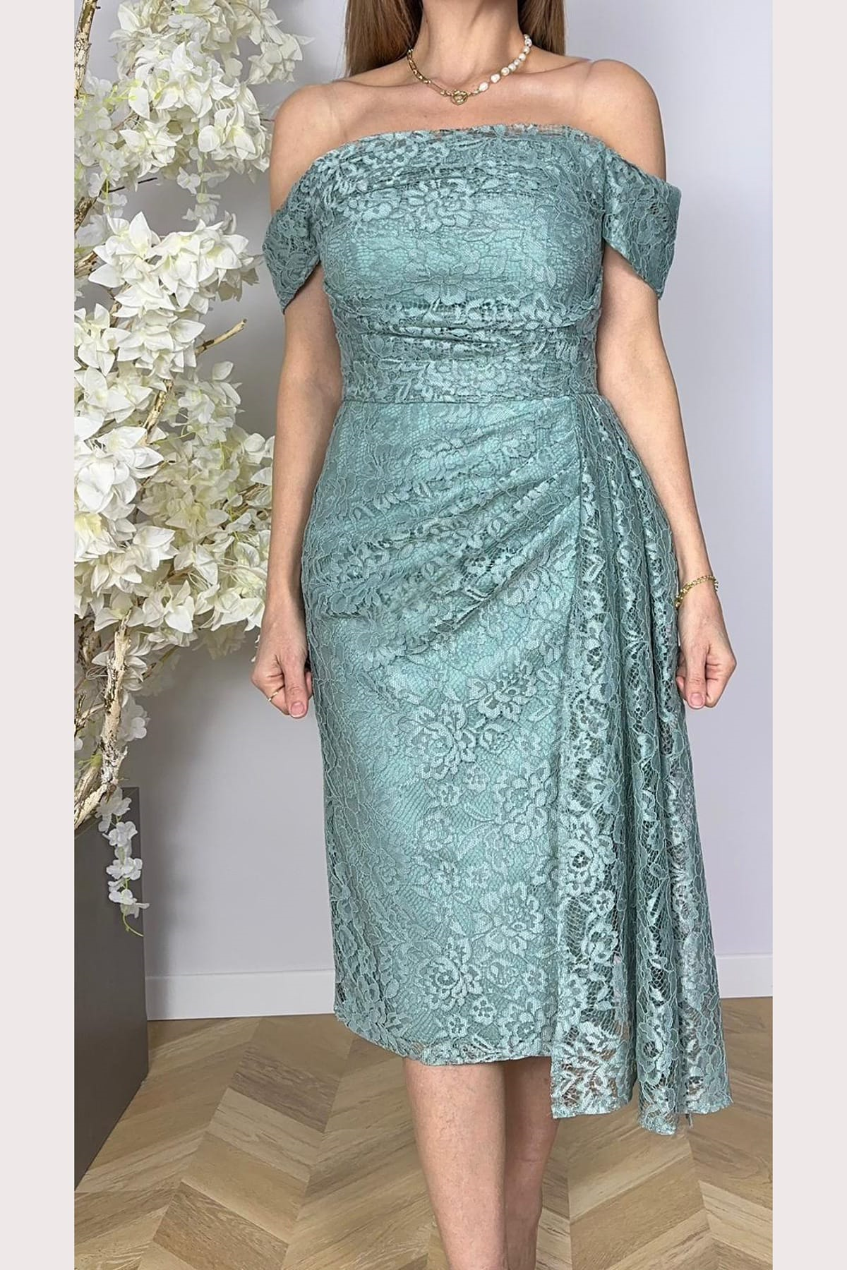 G1754 Drape Detaylı Dantel Tasarım Elbise Mint
