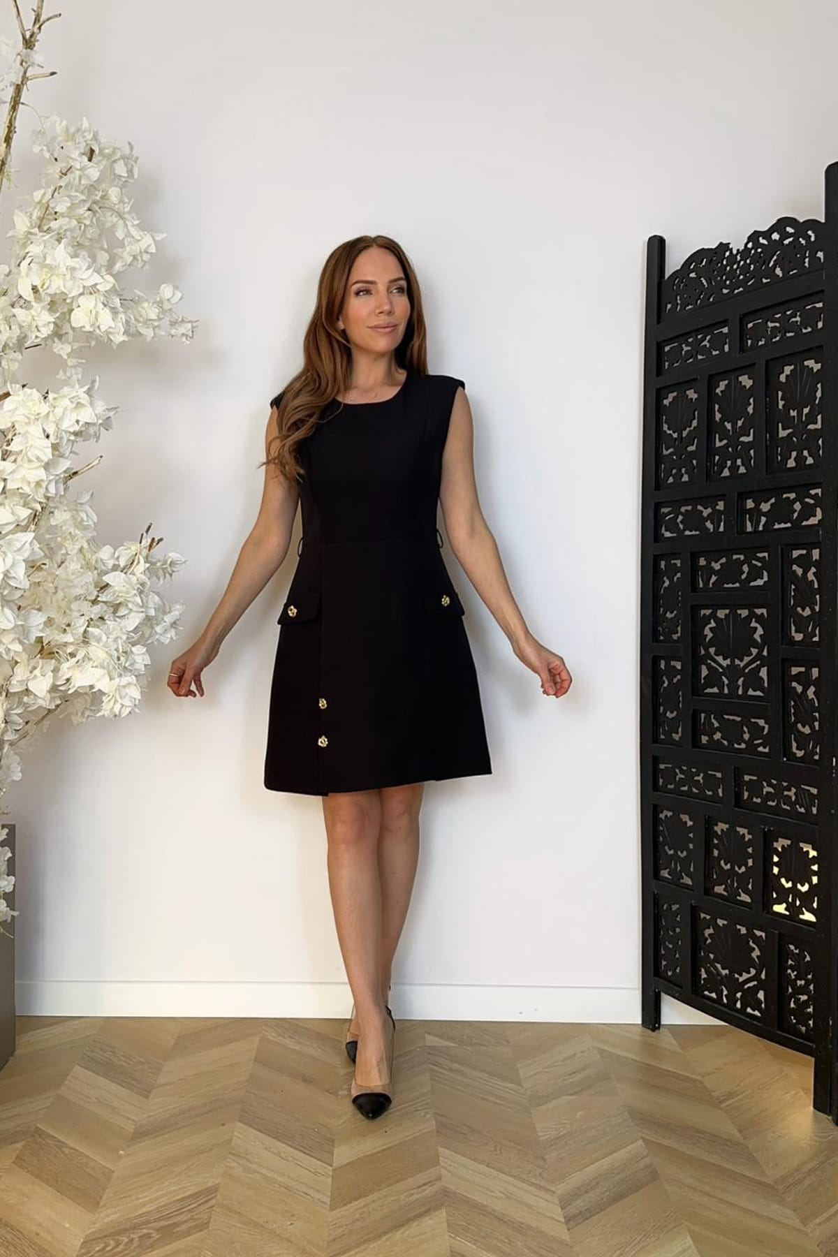 G1755 Düğme Detaylı Kolsuz Basic Elbise Siyah