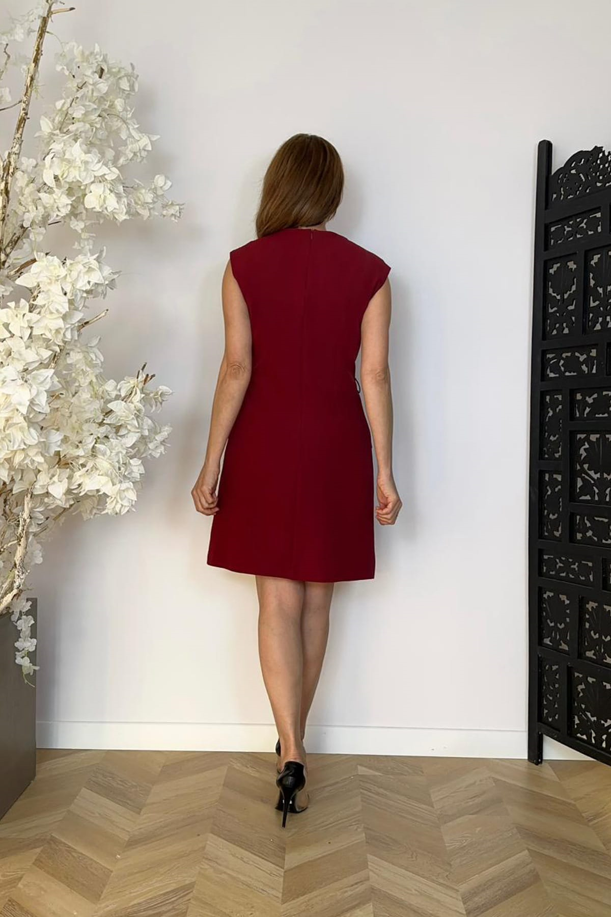 G1755 Düğme Detaylı Kolsuz Basic Elbise Bordo