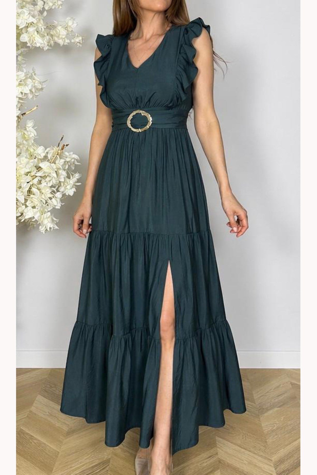 G1810 Bel Detaylı Maksi Elbise Petrol