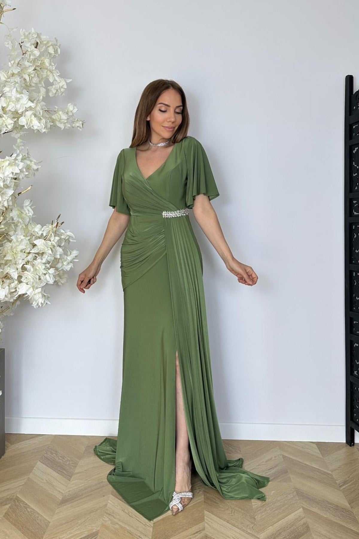 G1813 Taş ve Drape Detaylı Maksi Abiye Elbise Yeşil