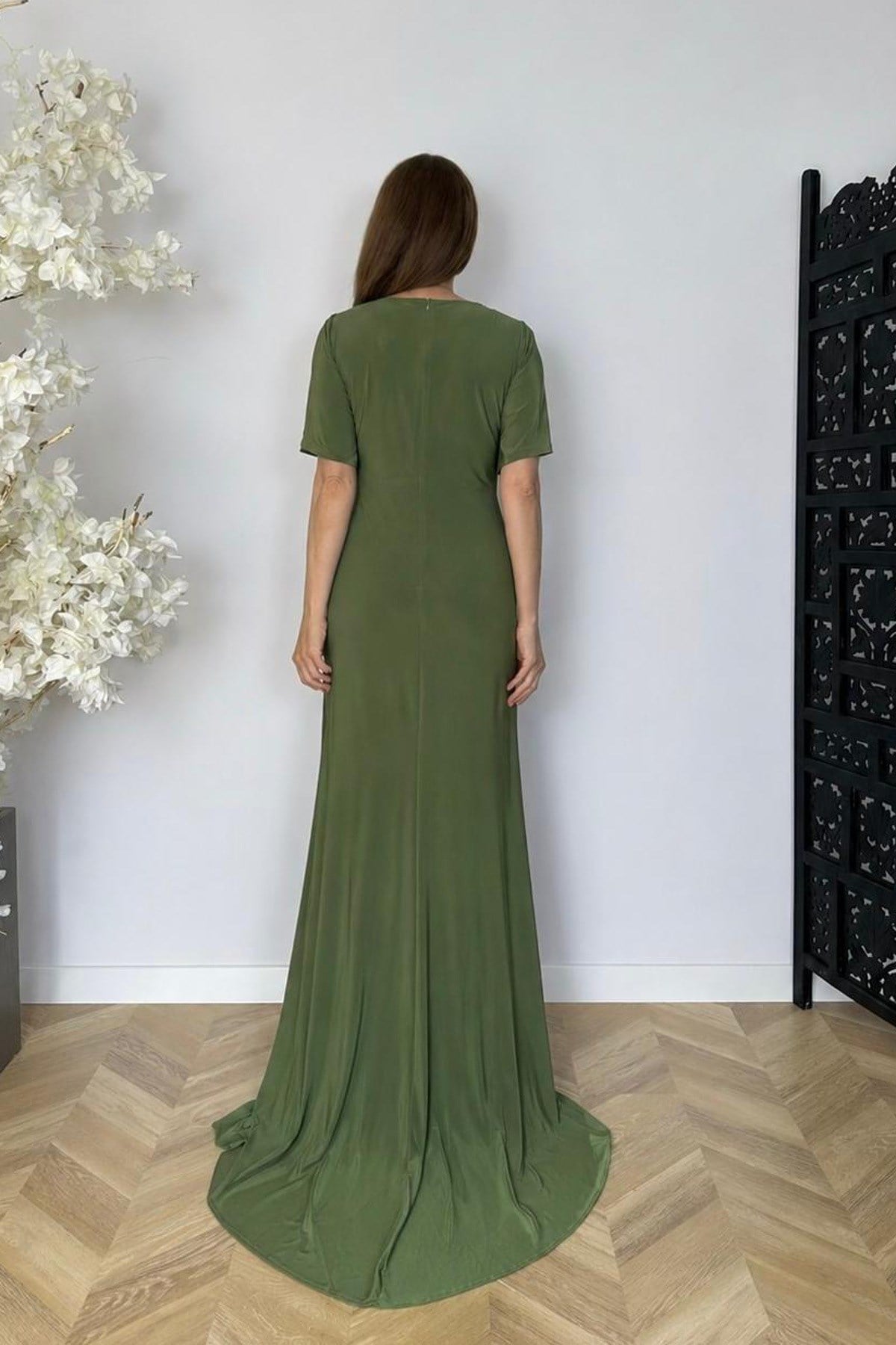 G1813 Taş ve Drape Detaylı Maksi Abiye Elbise Yeşil