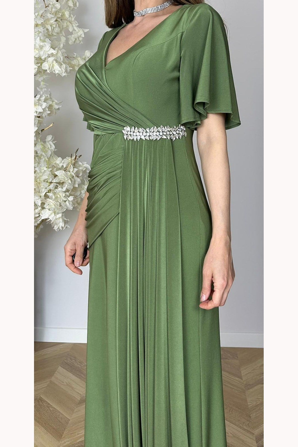 G1813 Taş ve Drape Detaylı Maksi Abiye Elbise Yeşil