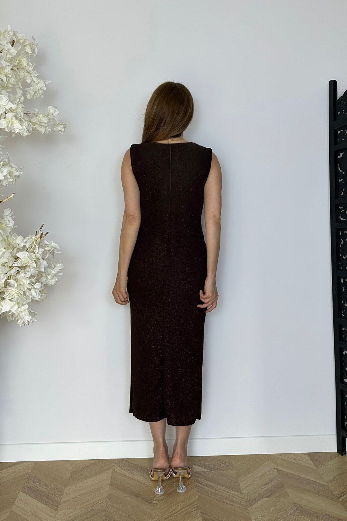 G1816 Drape Detaylı Simli Abiye Elbise Kahverengi