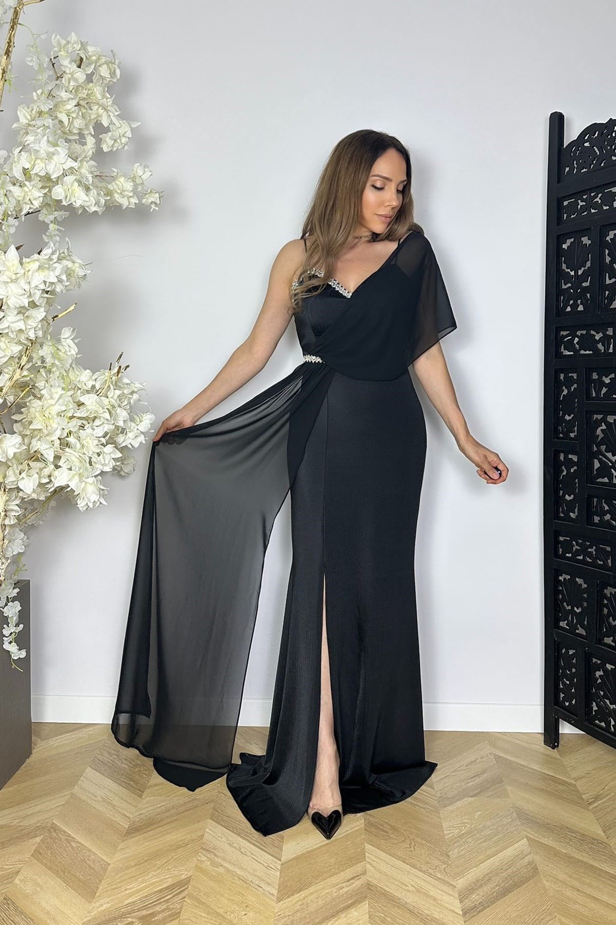 G1837 Şifon ve Taş Detaylı Maksi Abiye Elbise Siyah