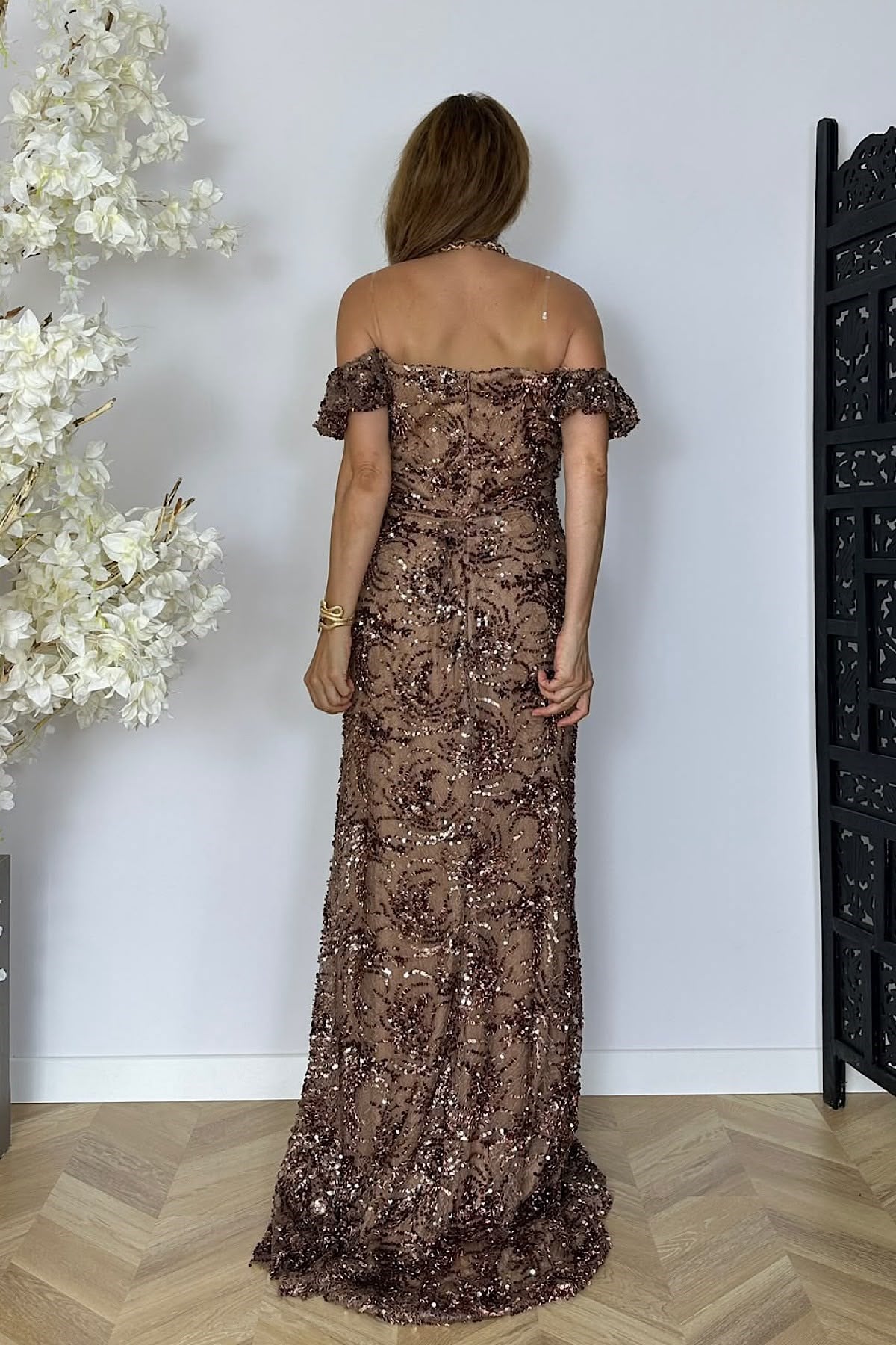 G1853 Madonna Yaka Payet Maksi Abiye Elbise Bronz